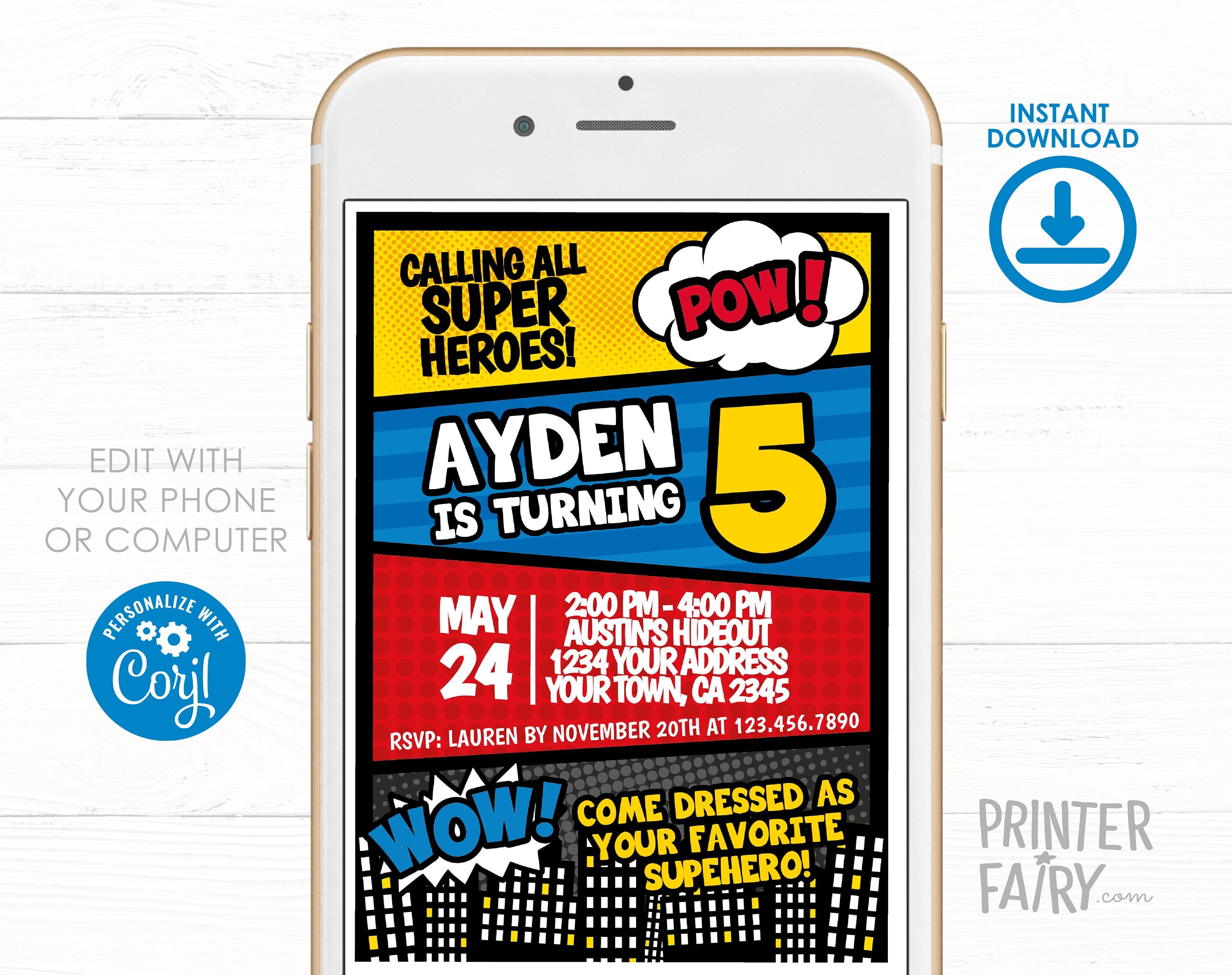 Superhero Birthday Invitation EDITABLE Template, INSTANT DOWNLOAD