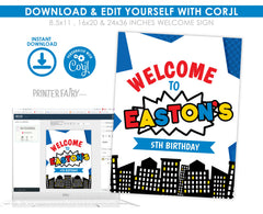 Superhero Birthday Party Welcome Sign Editable Template, Instant Download