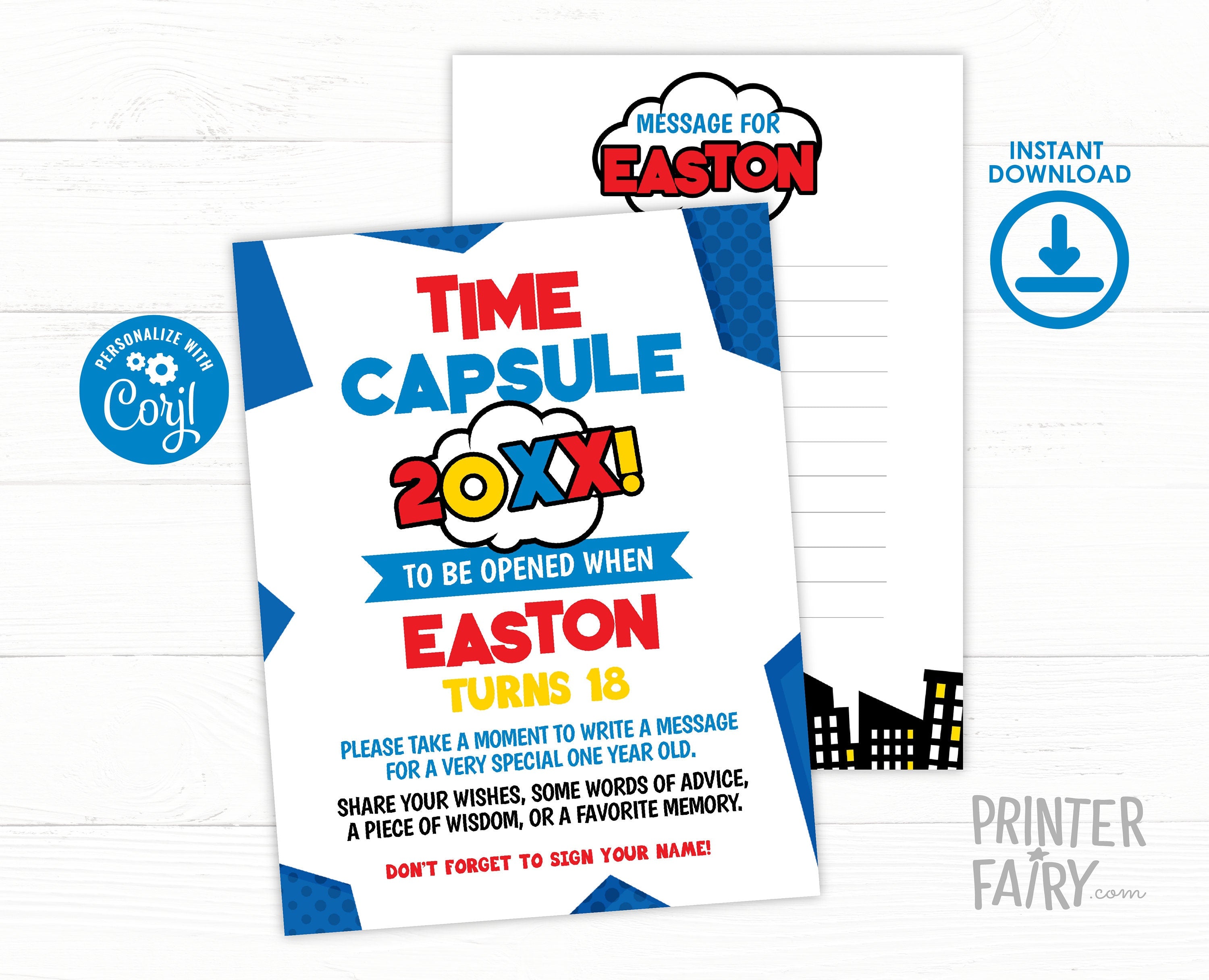 Superhero First Birthday Time Capsule, Editable Comic Party Game (Digital Download)