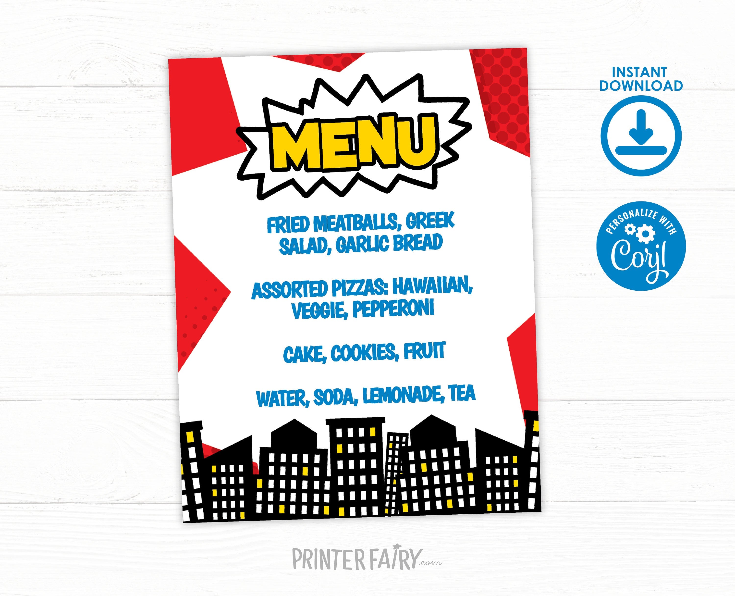Superhero Birthday Party Menu Editable Sign Template, Instant Download