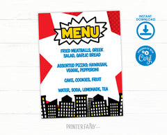 Superhero Birthday Party Menu Editable Sign Template, Instant Download