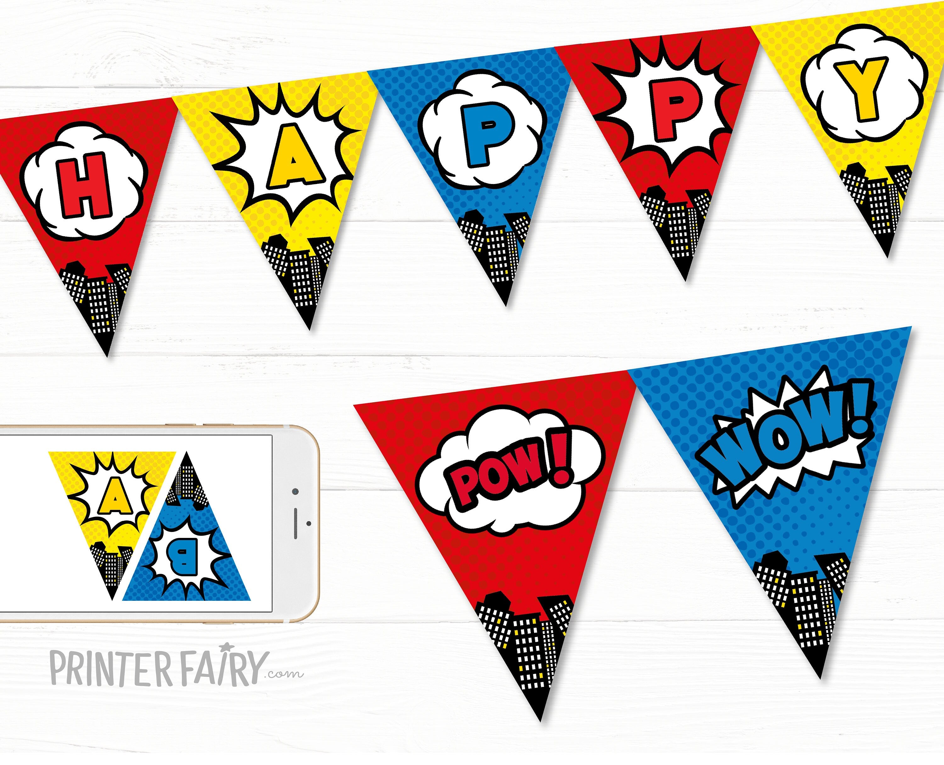 Superhero Birthday Banner, Comic Style Party Decoration (Digital Download)