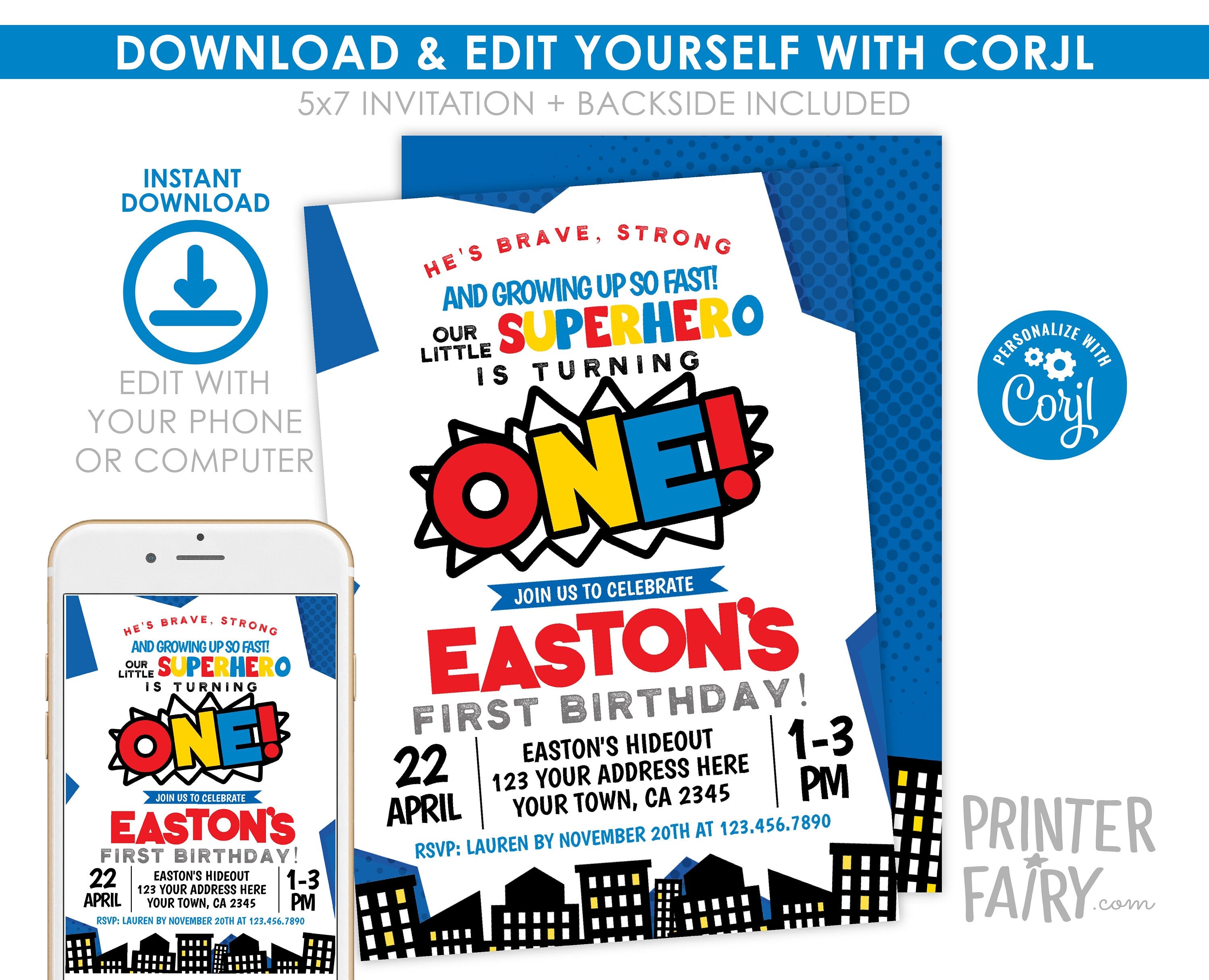 Superhero First Birthday Invitation Editable Template, INSTANT DOWNLOAD
