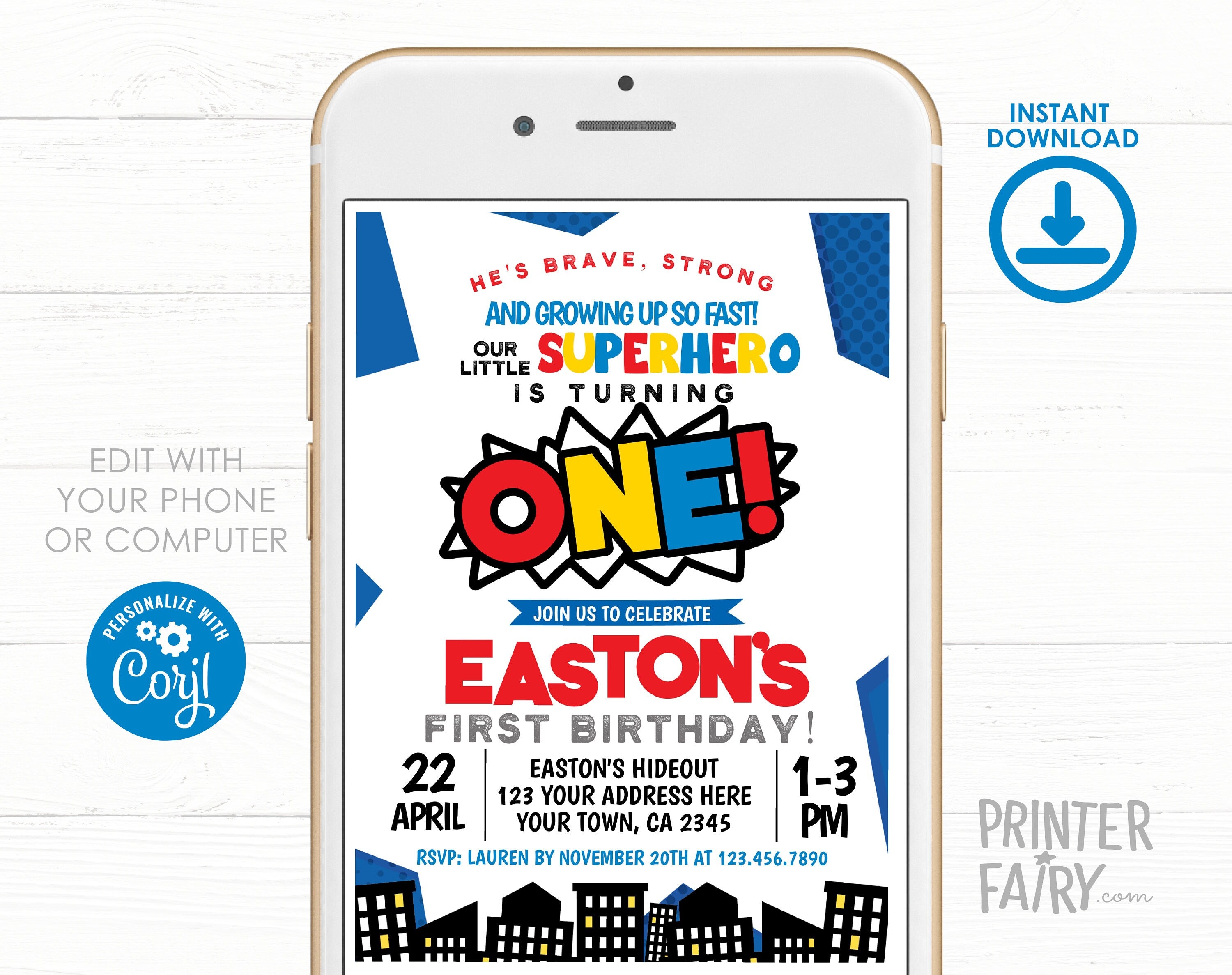 Superhero First Birthday Invitation Editable Template, INSTANT DOWNLOAD