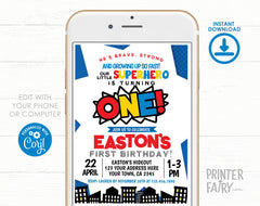 Superhero First Birthday Invitation Editable Template, INSTANT DOWNLOAD