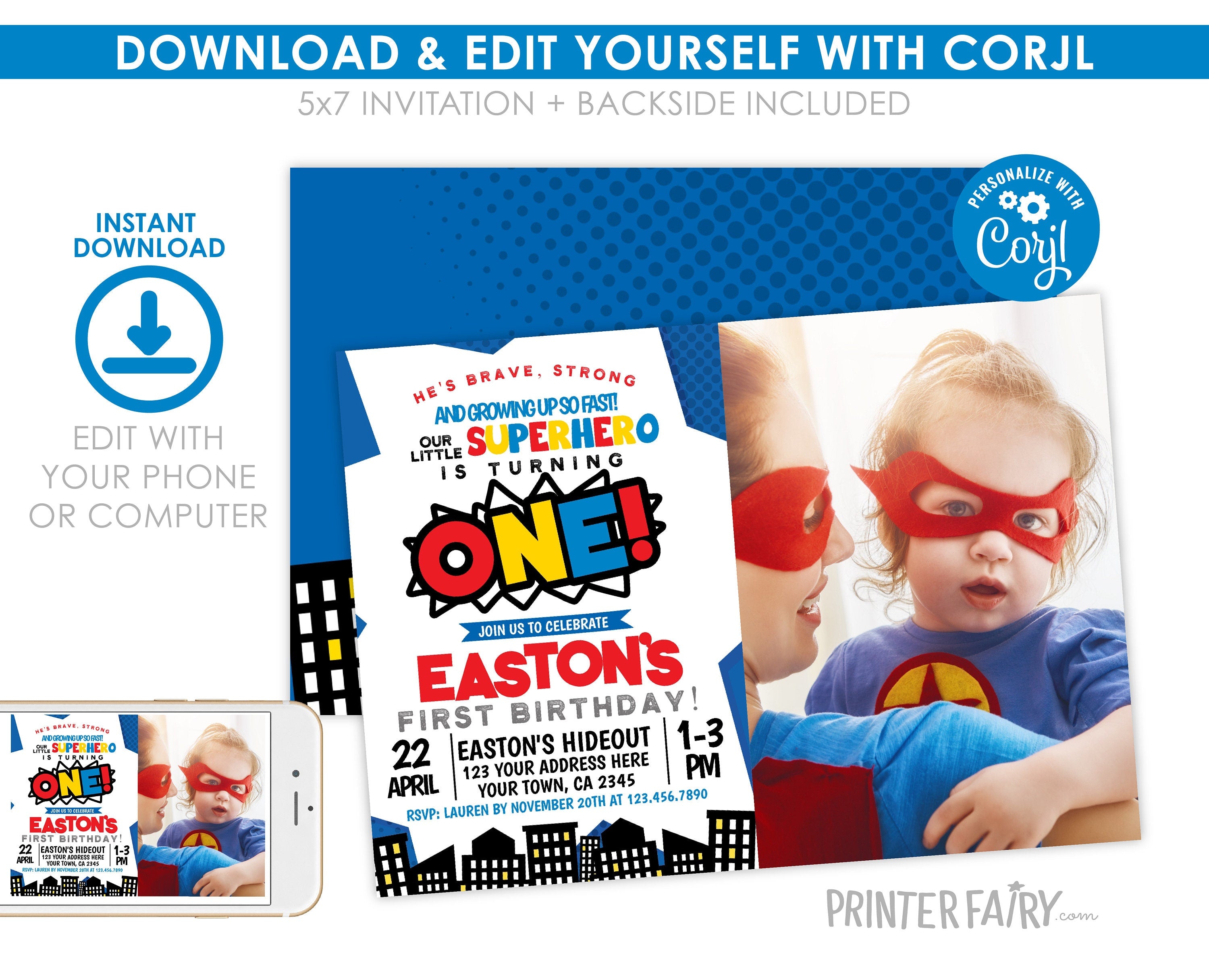 Superhero First Birthday Invitation with Photo Editable Template INSTANT DOWNLOAD
