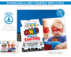 Superhero First Birthday Invitation with Photo Editable Template INSTANT DOWNLOAD