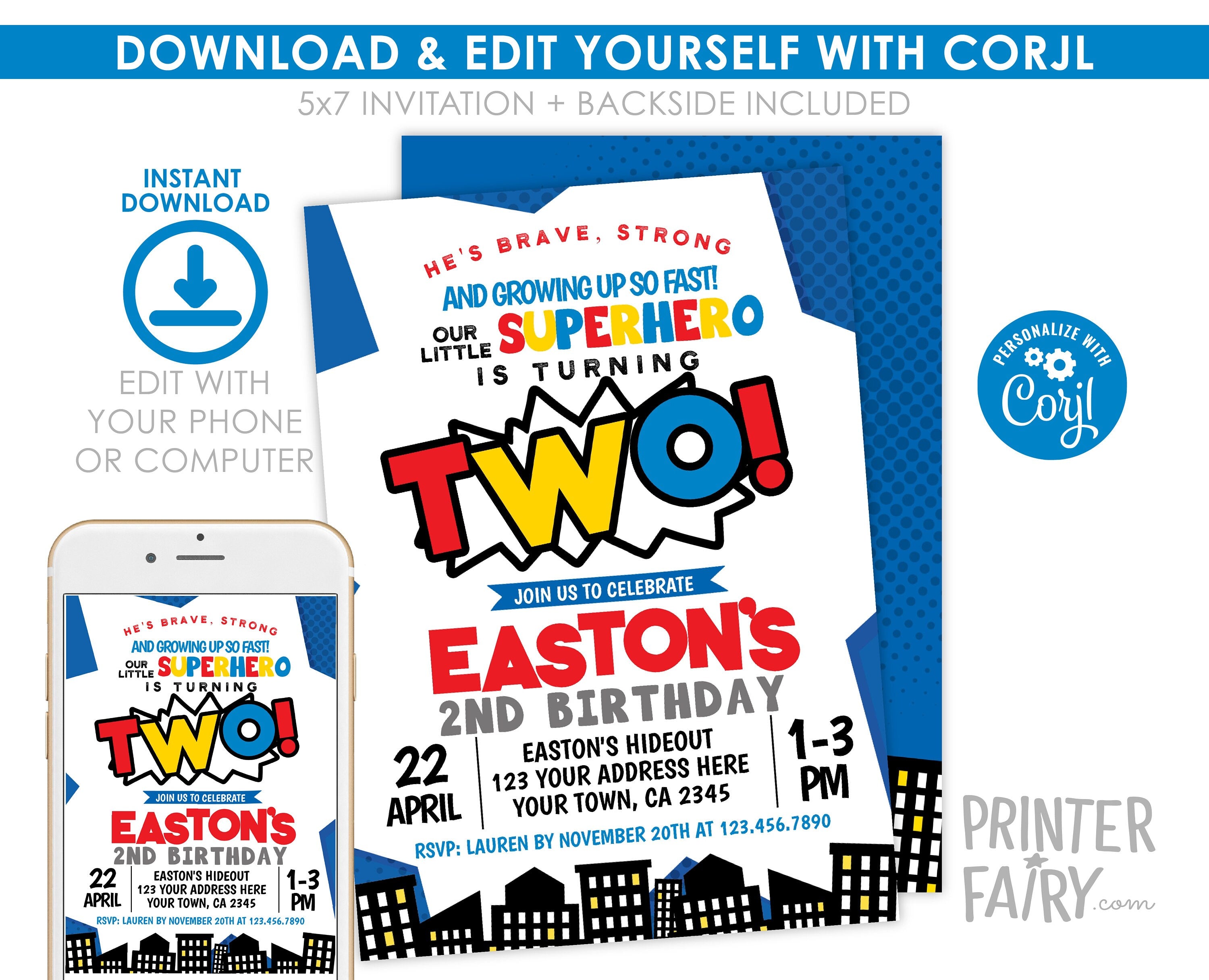 Superhero Second Birthday Invitation, Editable Comic Party Invite (Digital Download)