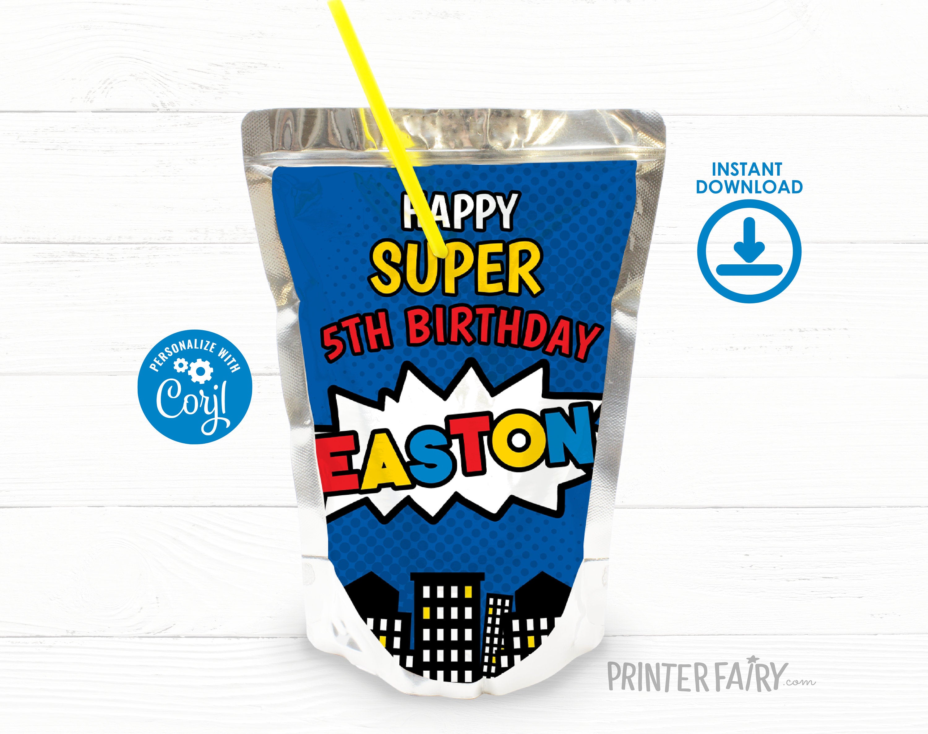 Superhero Birthday Drink Pouch Label Editable Template INSTANT DOWNLOAD