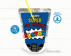 Superhero Birthday Drink Pouch Label Editable Template INSTANT DOWNLOAD