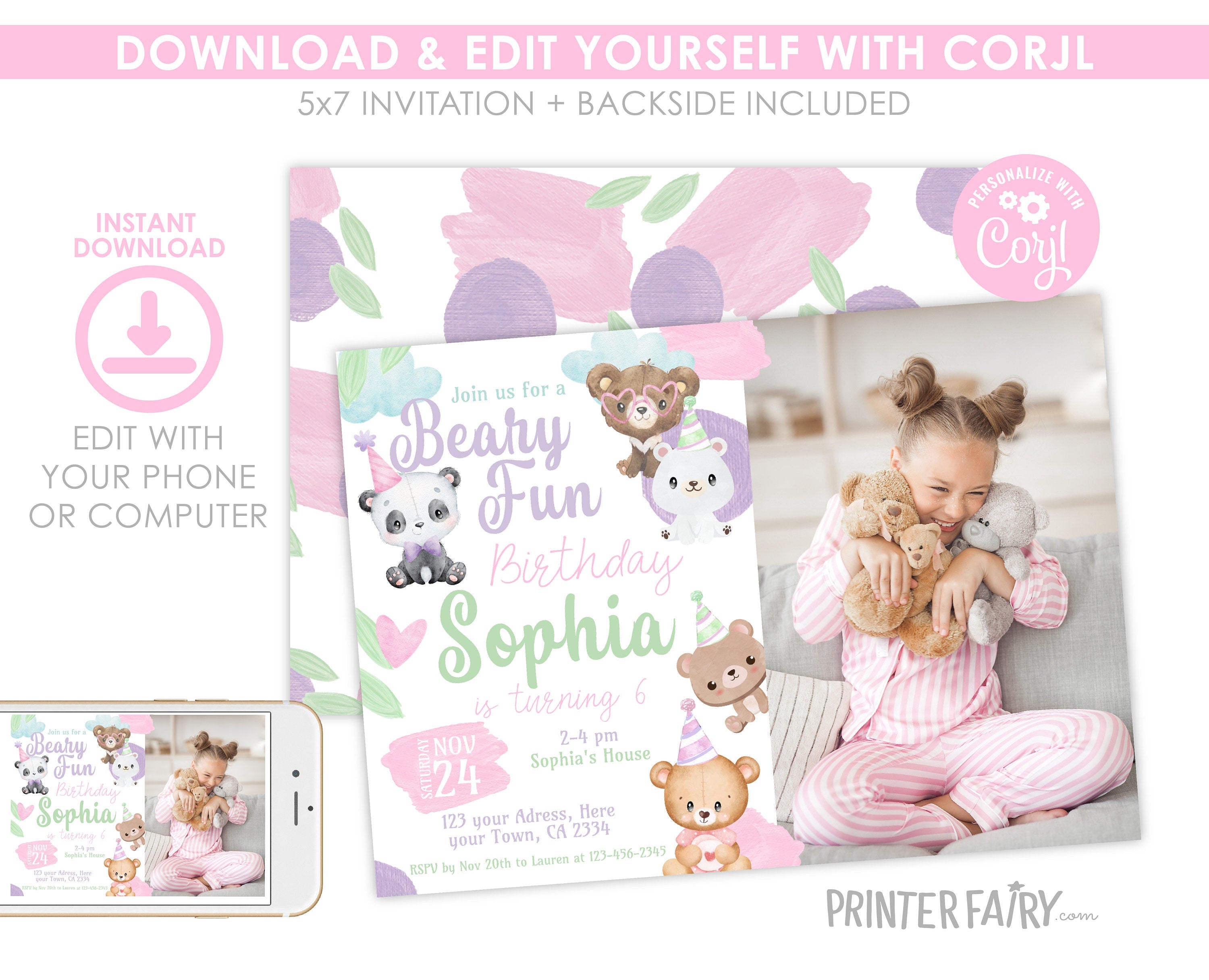 Bear Birthday Invitation with Photo, Editable (Digital Item)