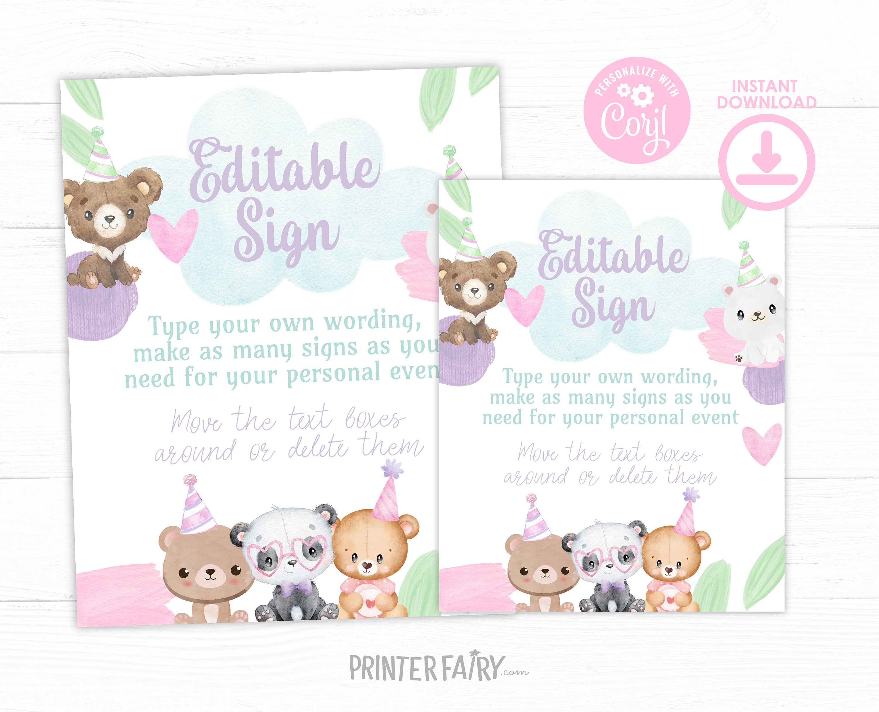 Bear Birthday Editable Sign Template to Add your own Wording, INSTANT DOWNLOAD