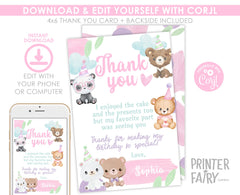 Bear Birthday Thank You Card Editable Template, Printable or Digital, INSTANT DOWNLOAD