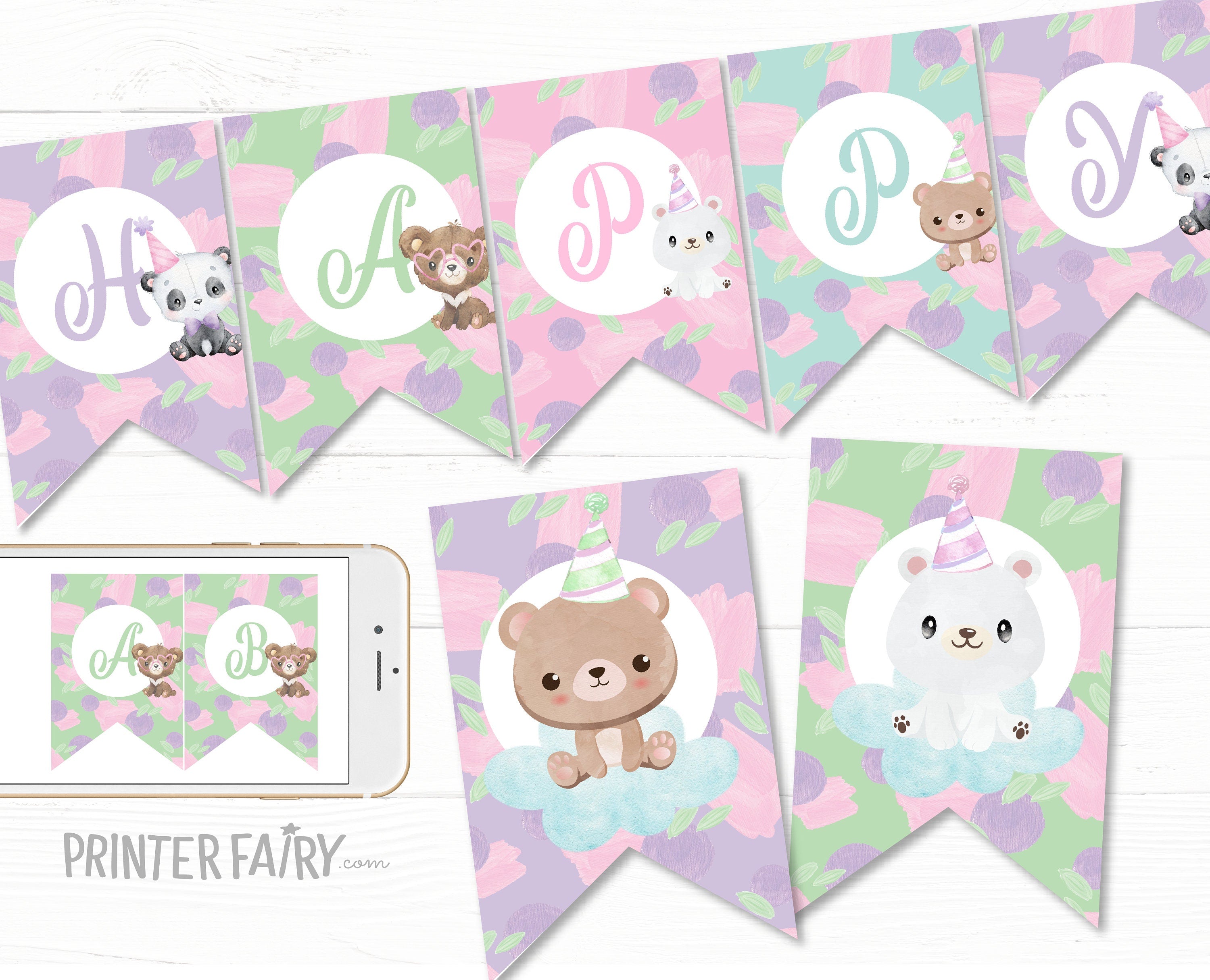 Bear Happy Birthday Banner Editable Template to add your own text, INSTANT DOWNLOAD