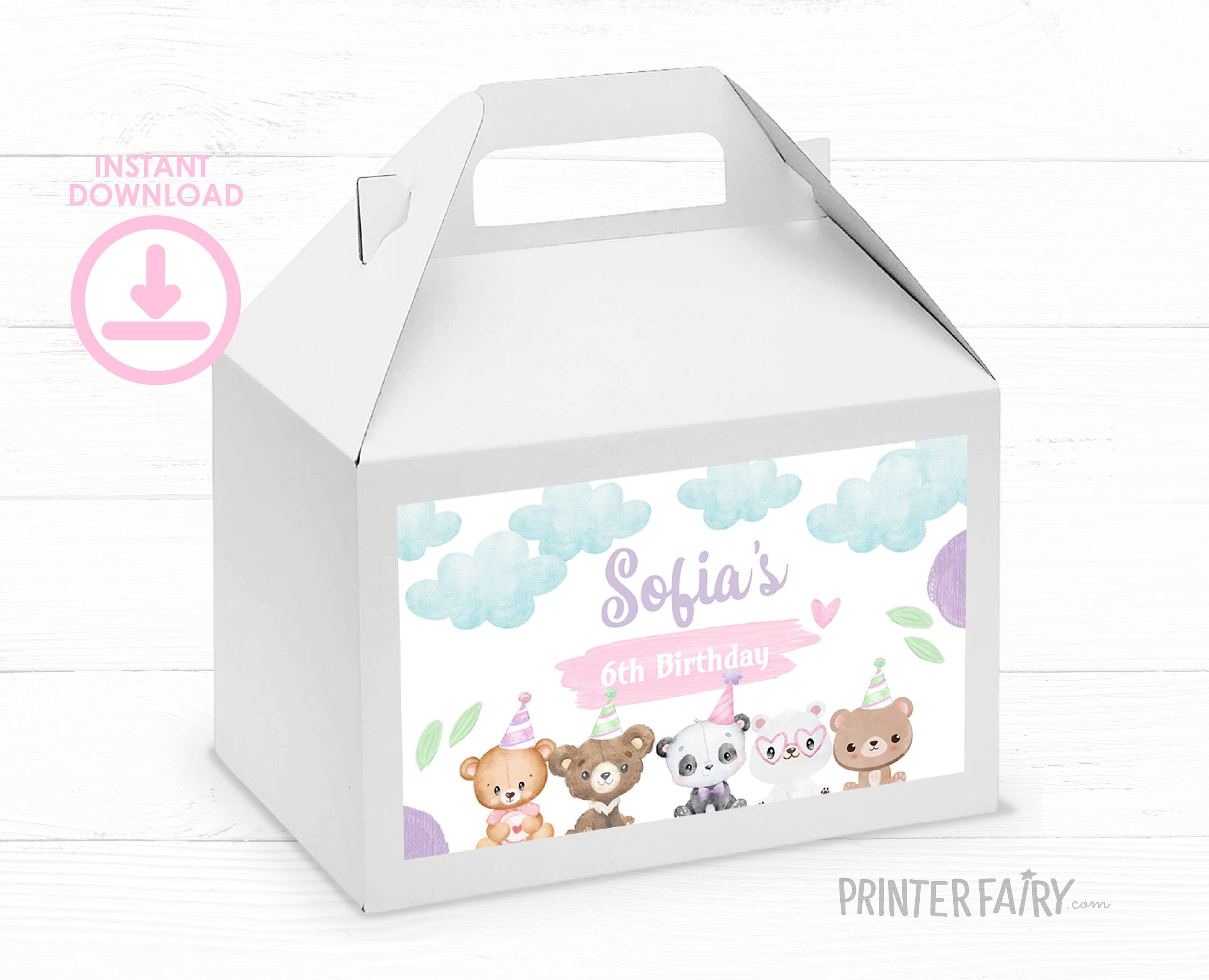 Bear Birthday Party Favor Gable Box Label Editable Template, INSTANT DOWNLOAD