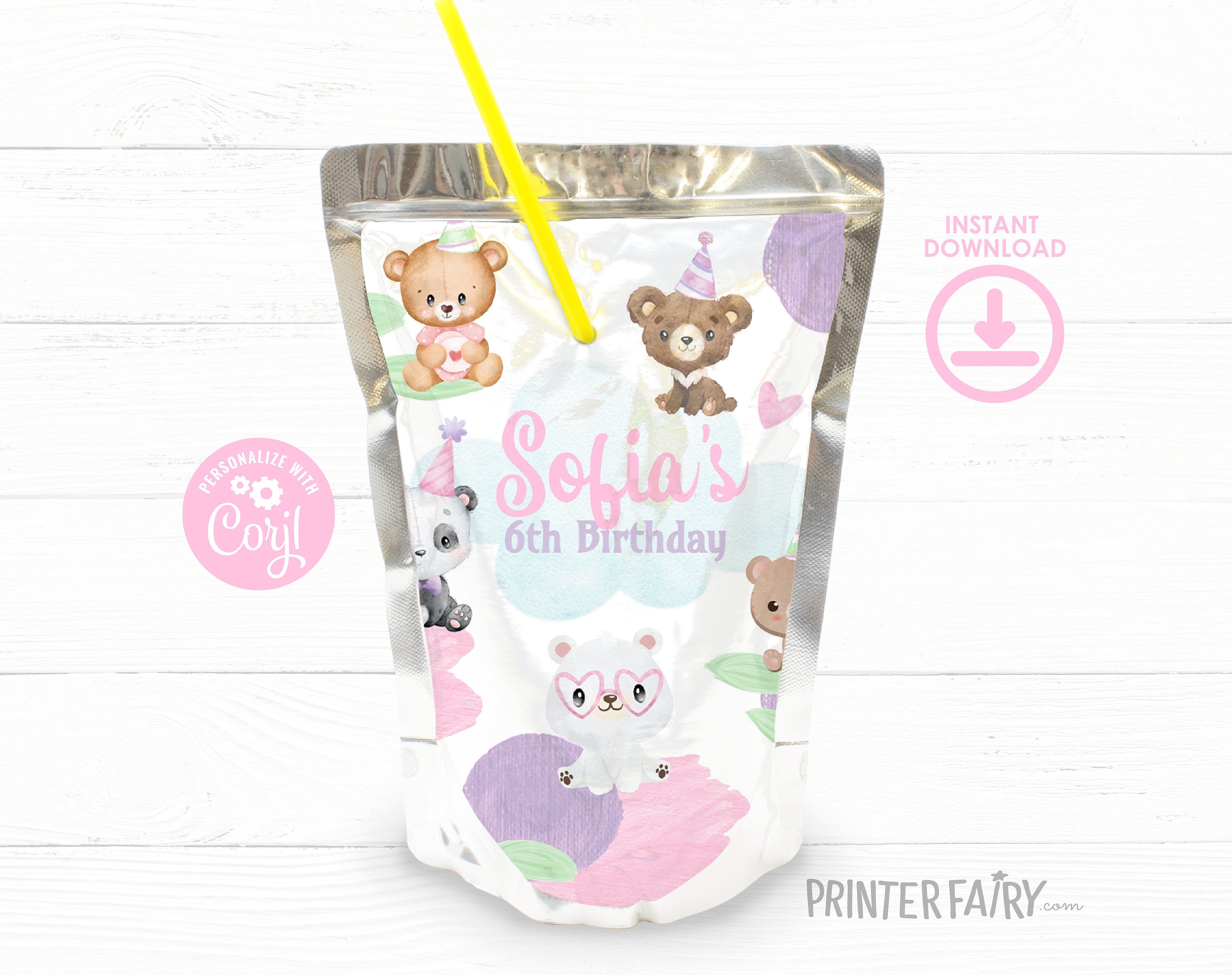 Bear Birthday Drink Pouch Label, Printable Party Favors, INSTANT DOWNLOAD