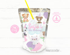 Bear Birthday Drink Pouch Label, Printable Party Favors, INSTANT DOWNLOAD