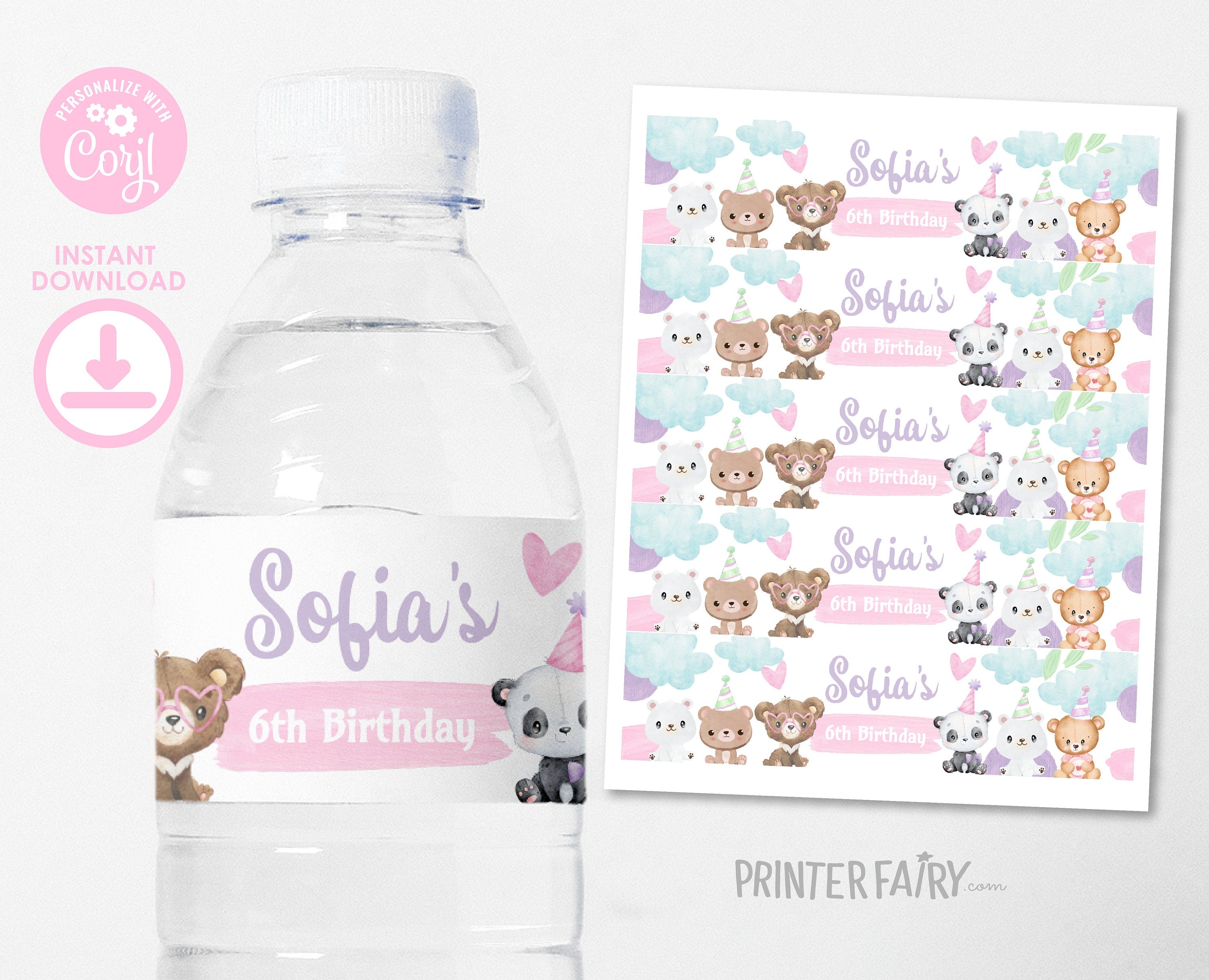 Editable Bear Birthday Water Bottle Label, Party Favors (Digital)