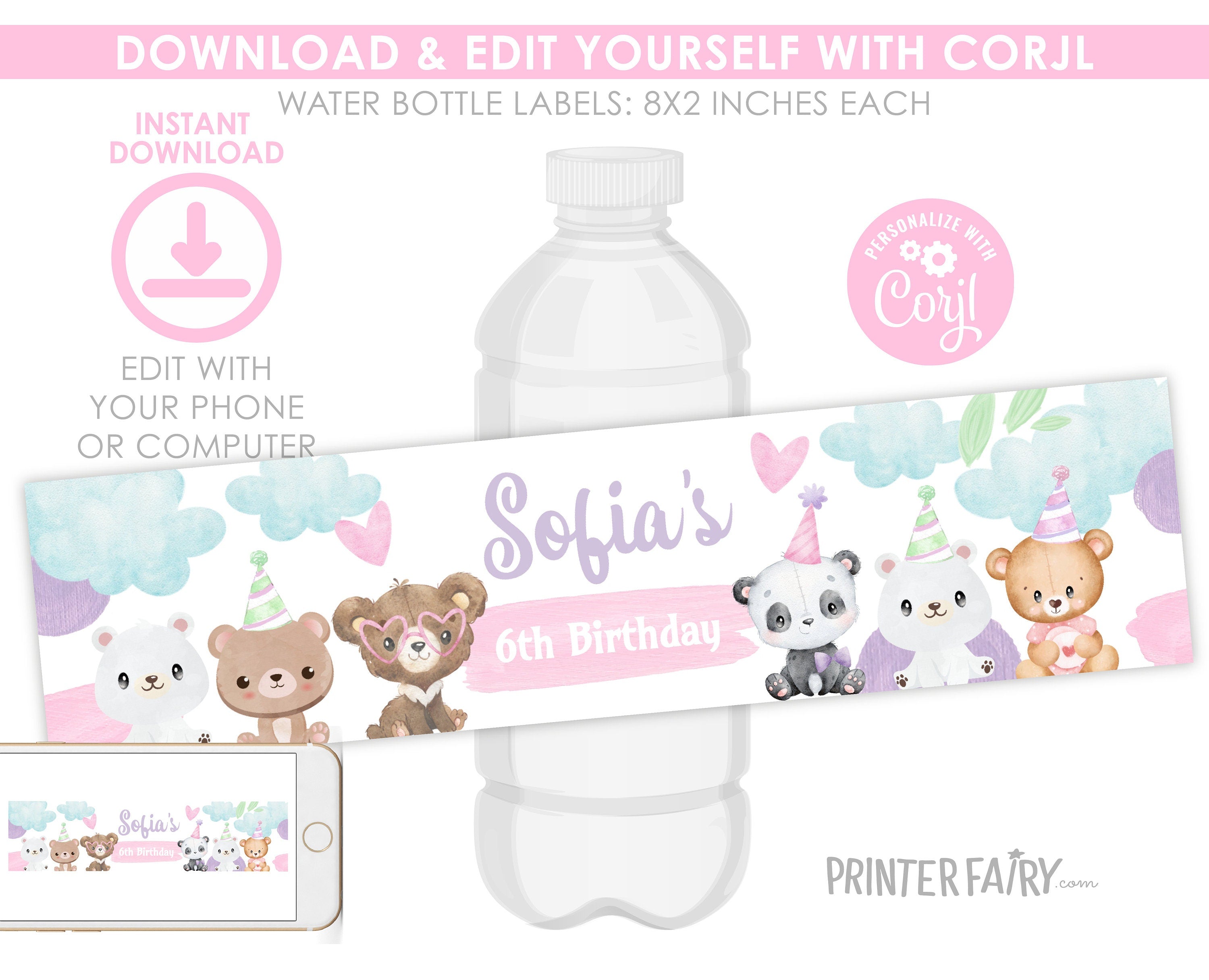 Editable Bear Birthday Water Bottle Label, Party Favors (Digital)