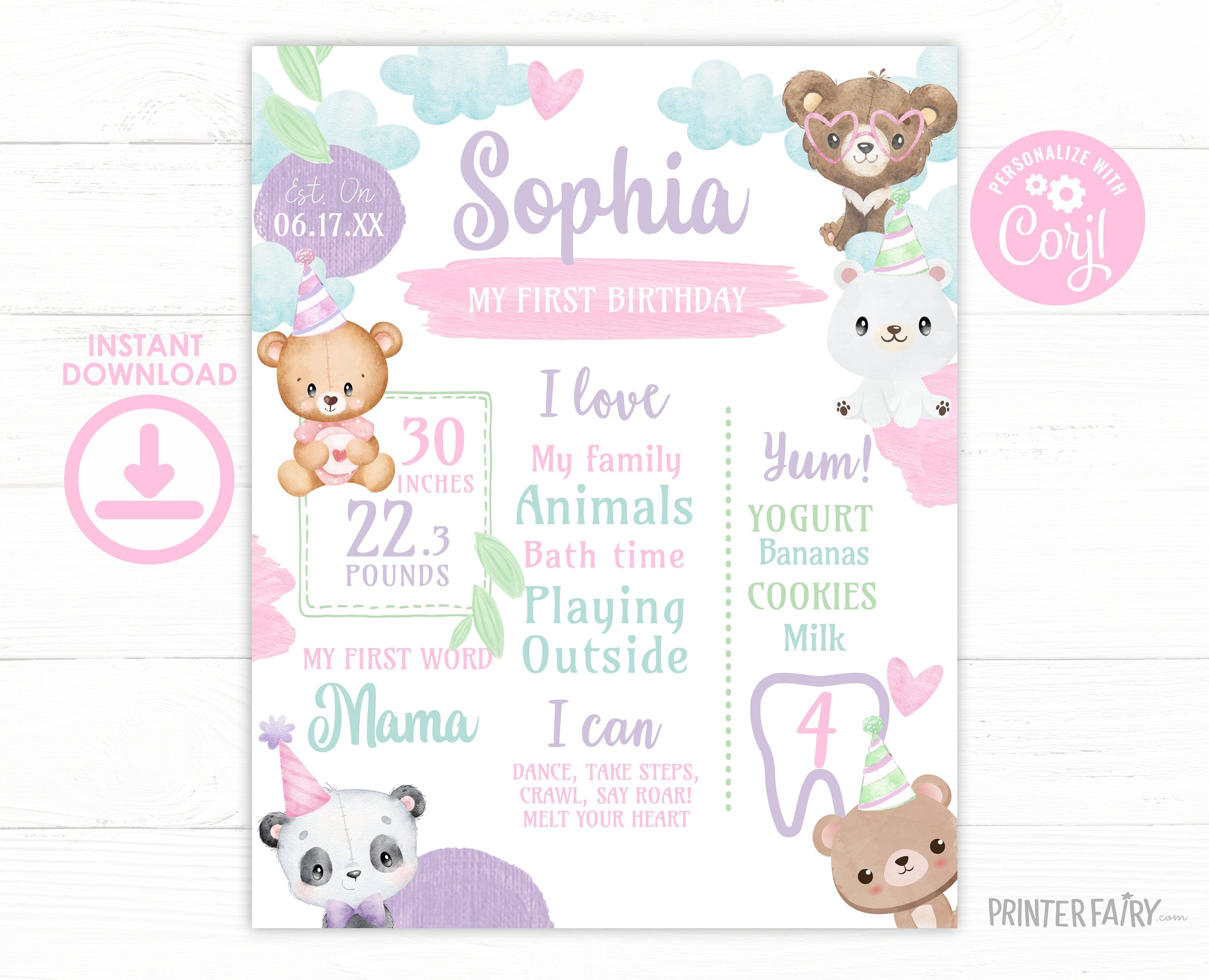 Teddy Bear First Birthday Milestones Sign Editable Template, INSTANT DOWNLOAD