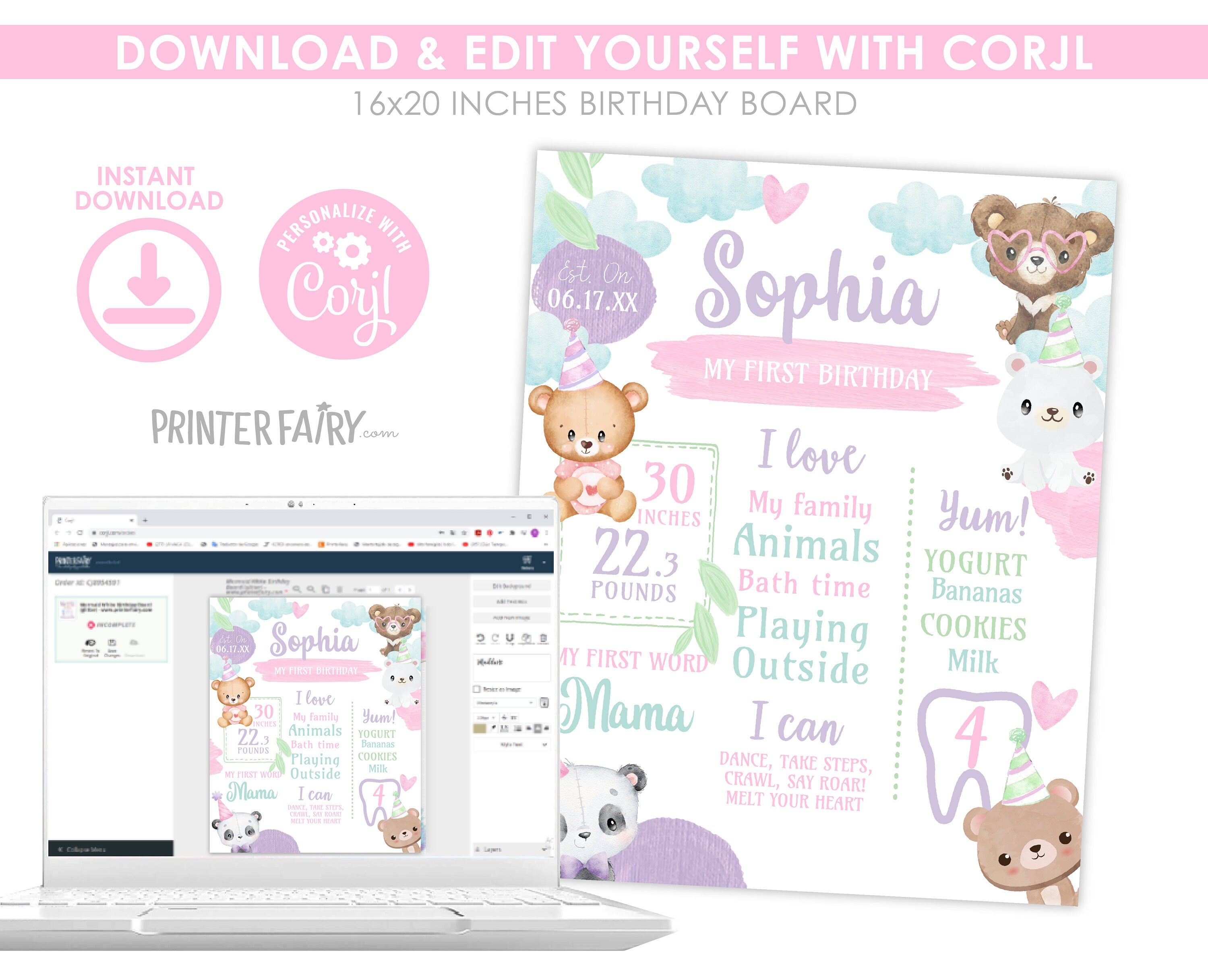 Teddy Bear First Birthday Milestones Sign Editable Template, INSTANT DOWNLOAD