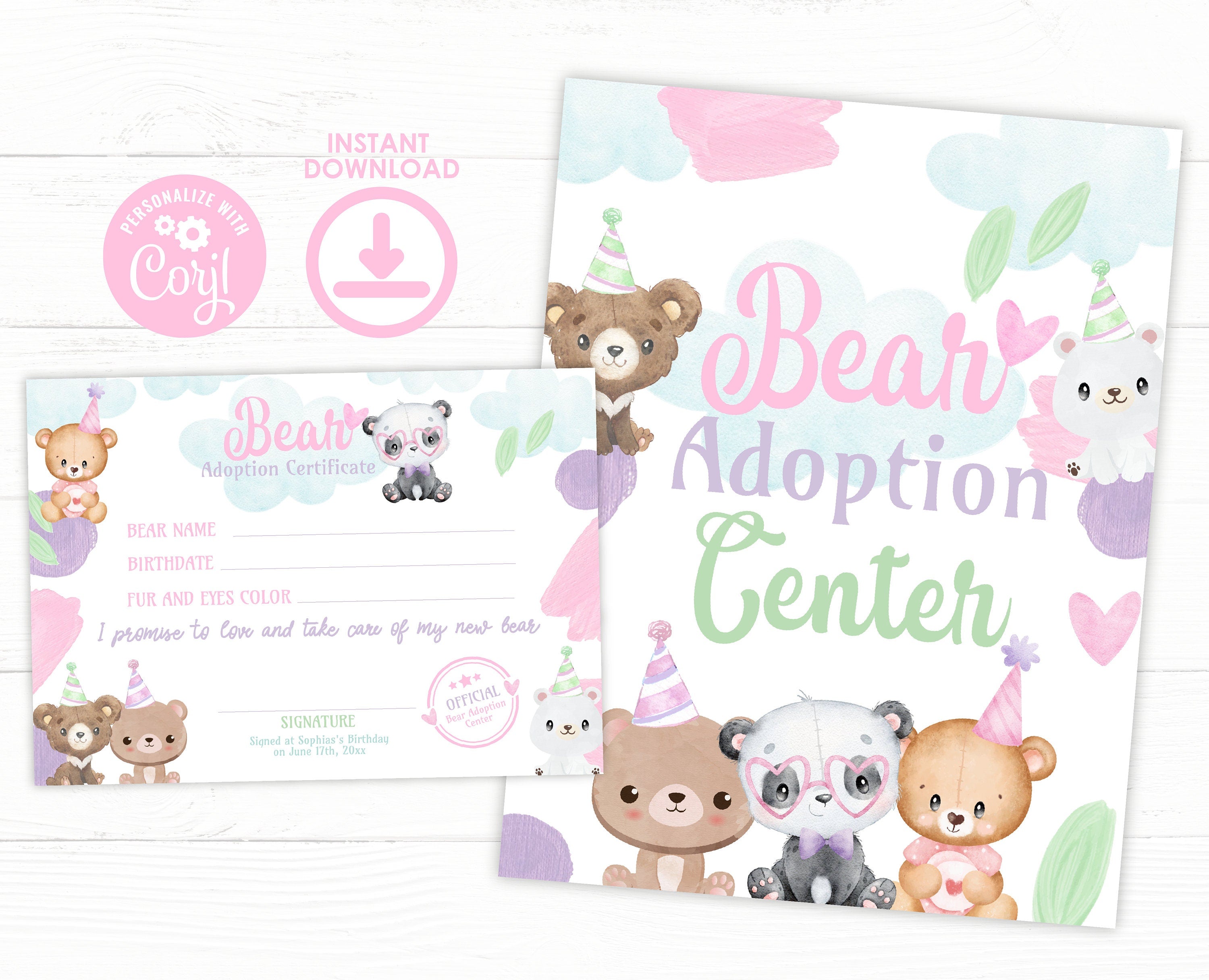 Bear Adoption Party Sign and Certificate Pet Adopt Editable Templates, Instant Download