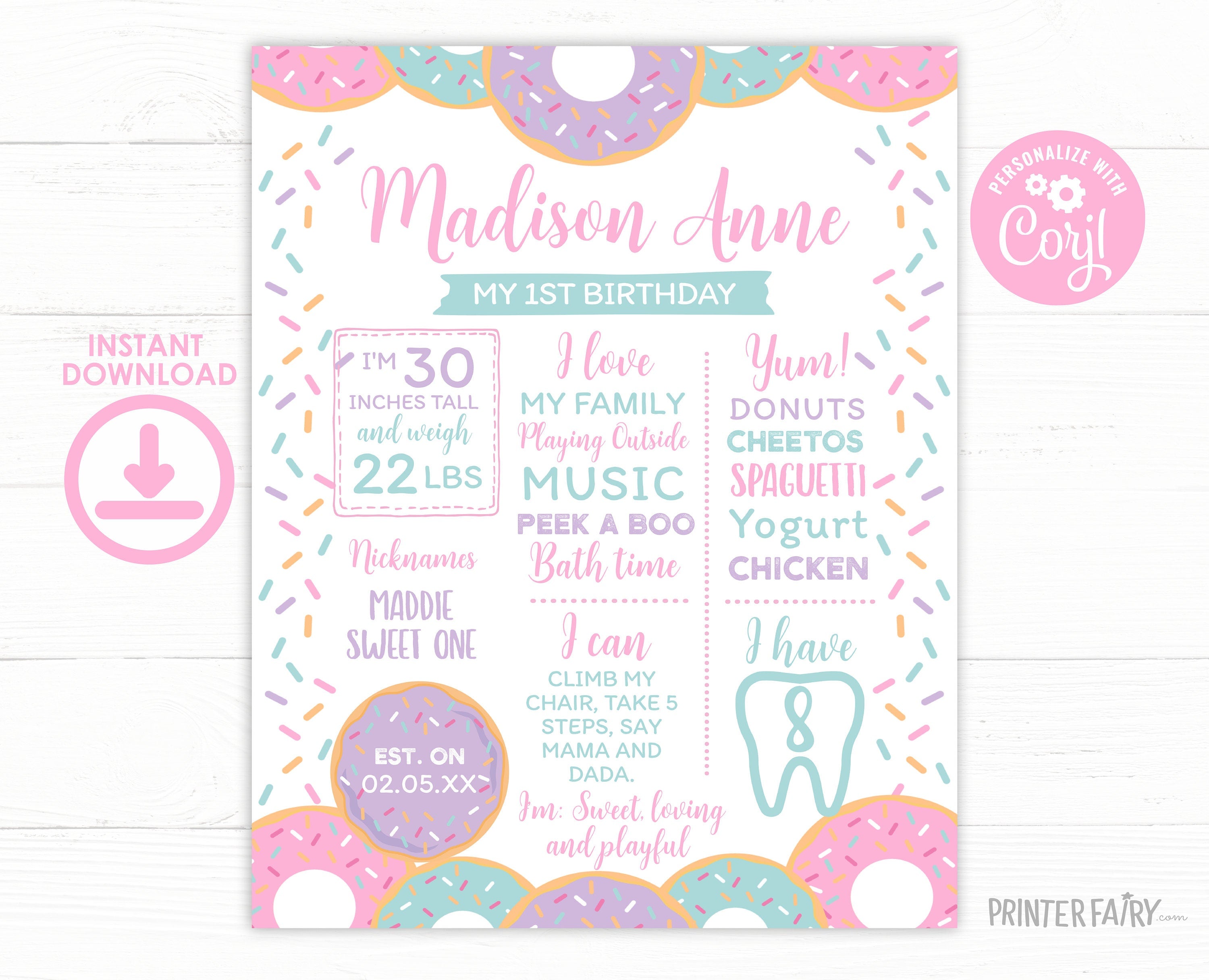 Donut 1st Birthday Milestone Board, Editable Stats Poster (Instant Download)