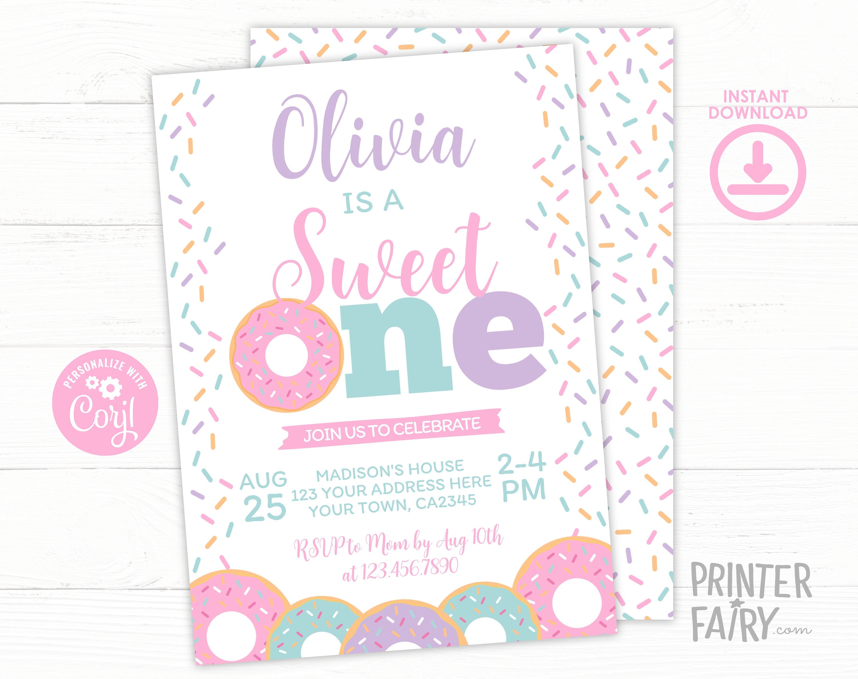Sweet One Donut Birthday Invitation, Editable First Party Invite (Digital Download)