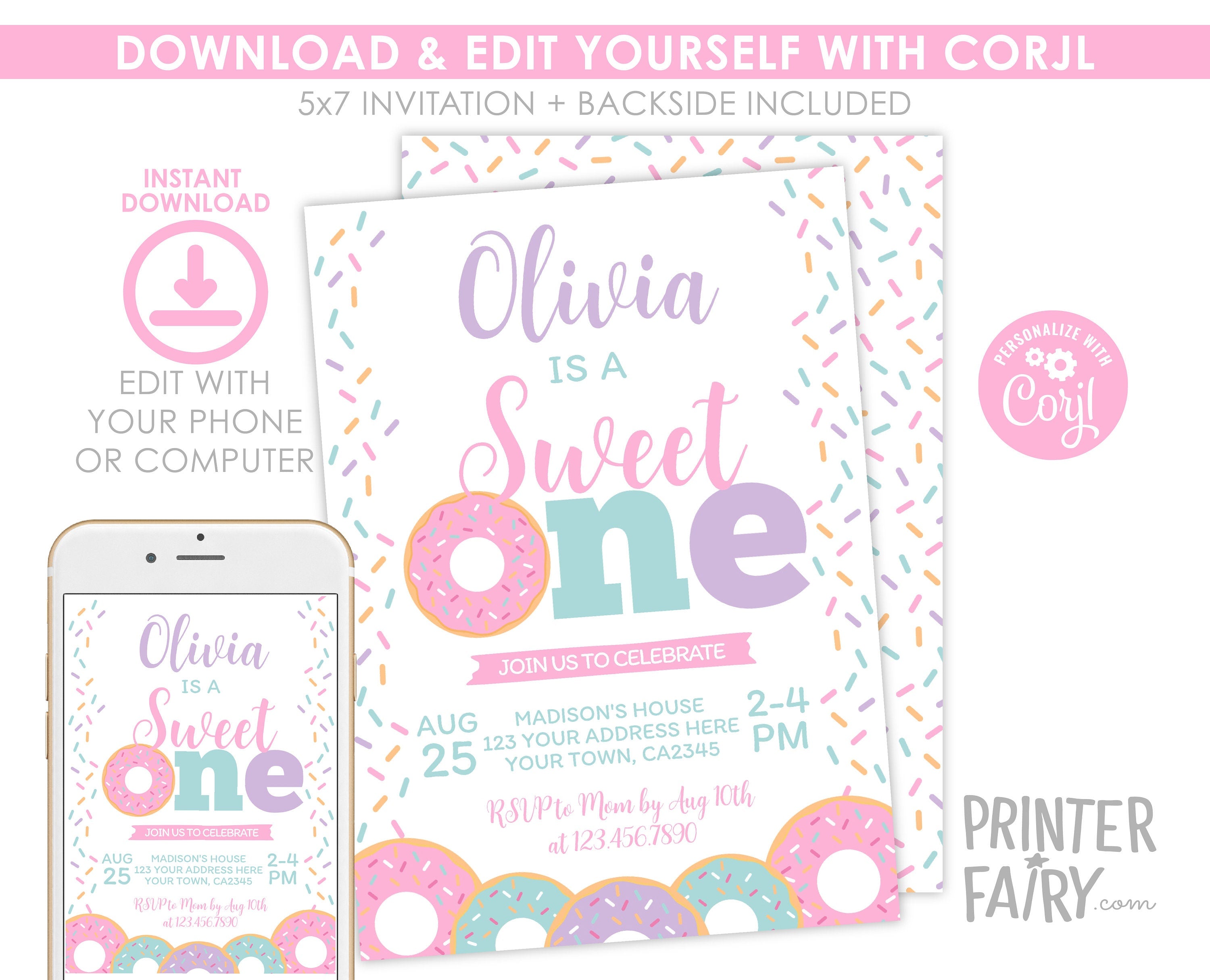 Sweet One Donut Birthday Invitation, Editable First Party Invite (Digital Download)