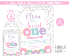Sweet One Donut Birthday Invitation, Editable First Party Invite (Digital Download)
