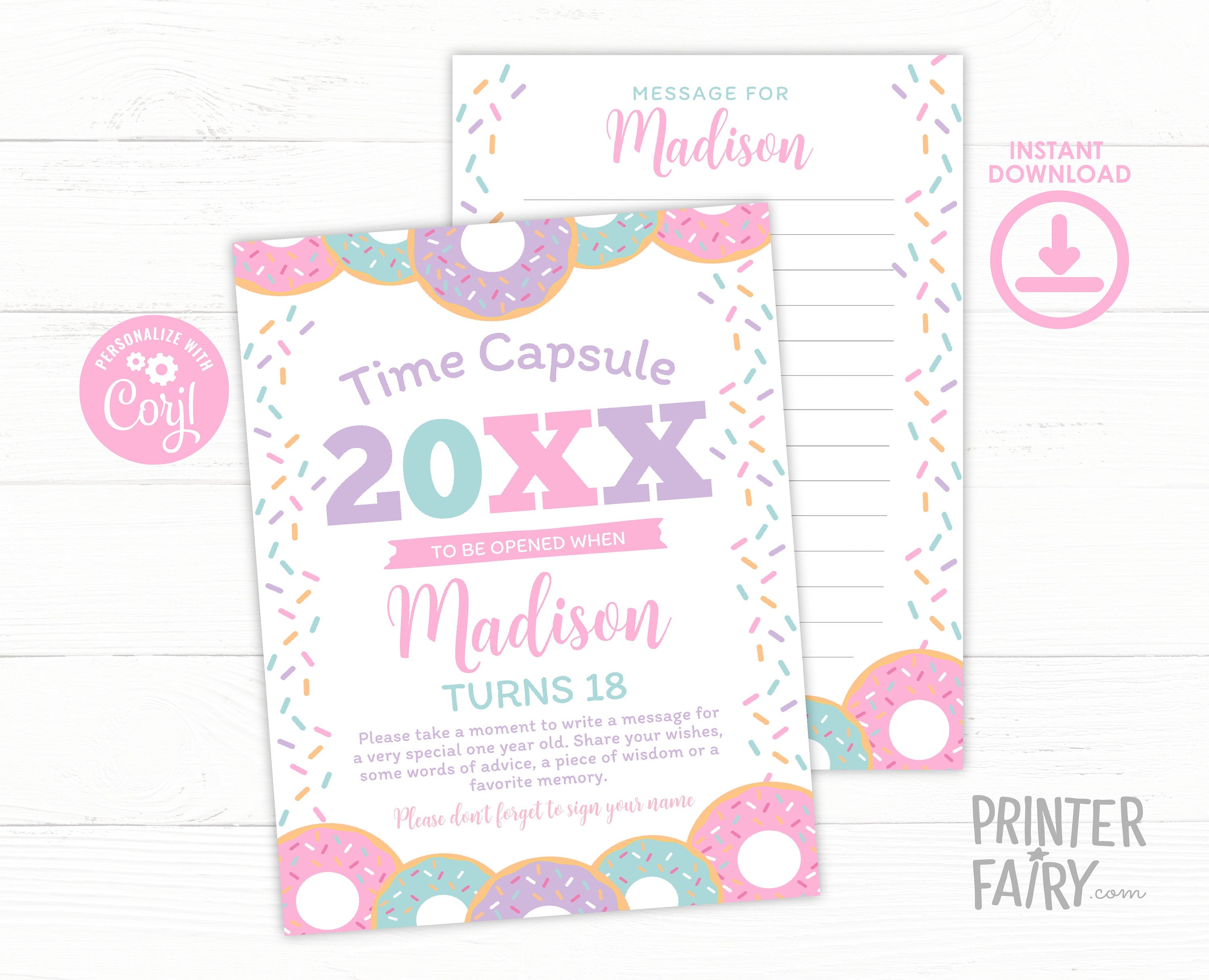 Donut Time Capsule Sign, First Birthday Decor (EDITABLE, Instant Download)