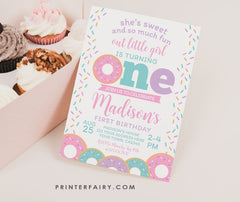 Donut First Birthday Invitation, Sprinkles Party (Editable Digital Invite)