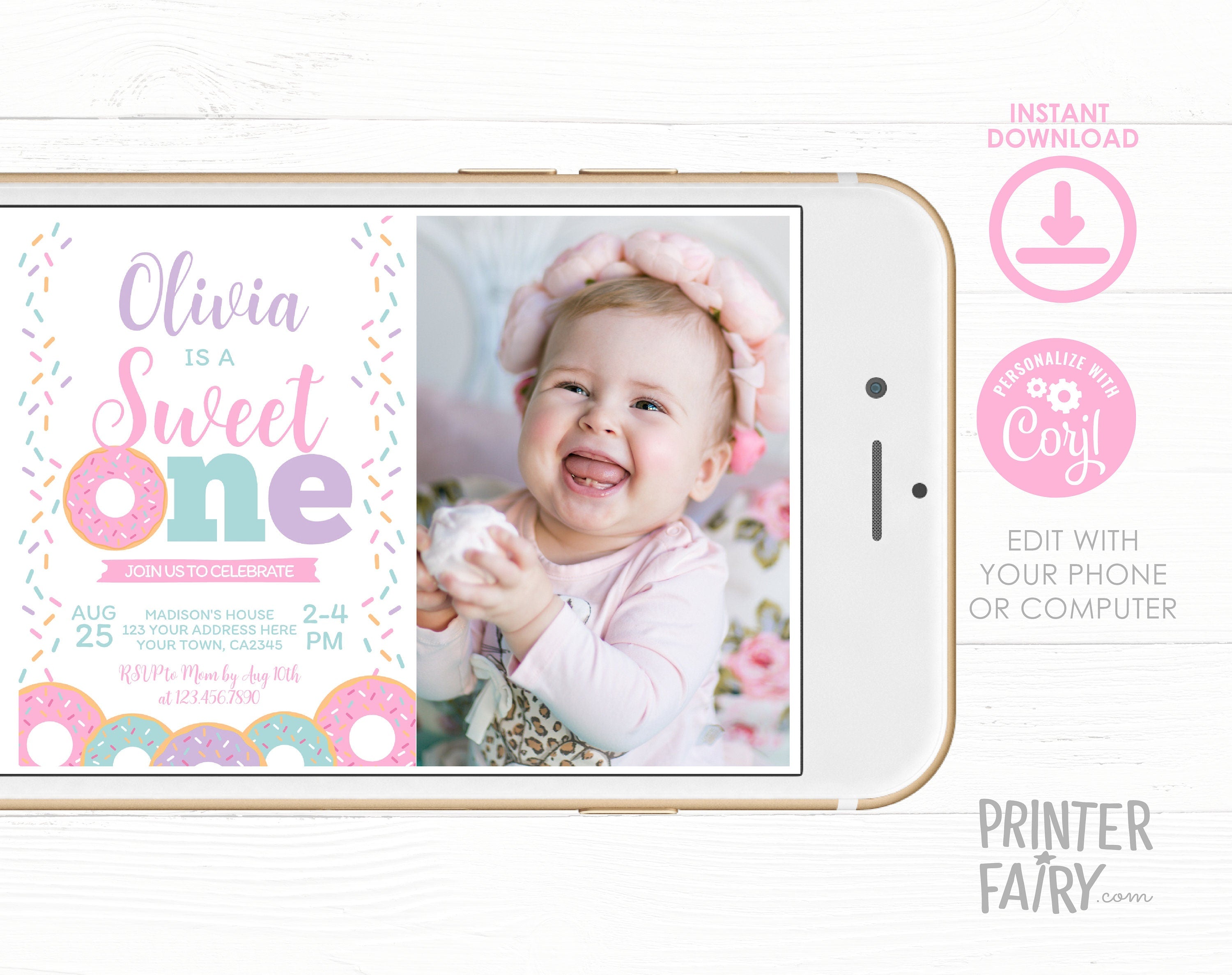 Donut First Birthday Invitation with Photo, Editable Template
