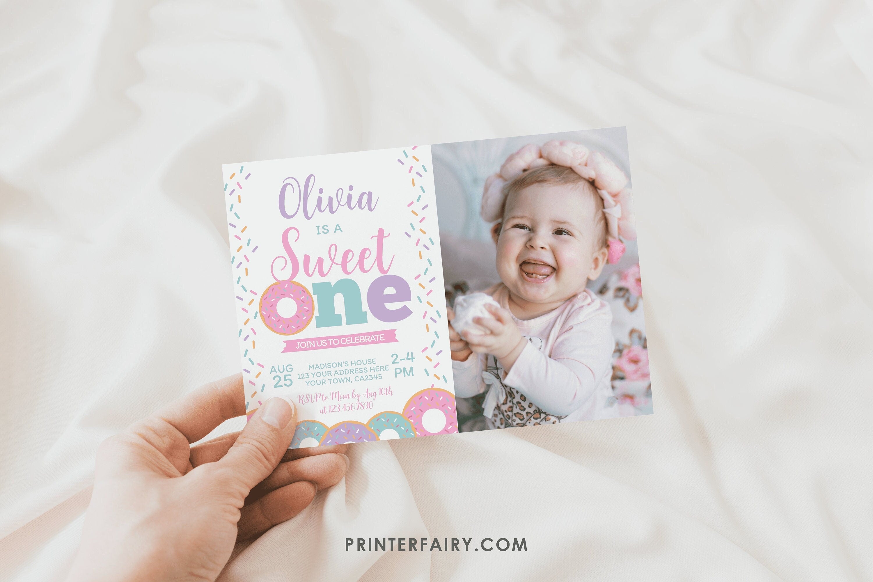 Donut First Birthday Invitation with Photo, Editable Template