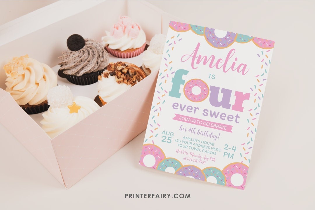 Donut 4th Birthday Invitation Template, Editable Party Invite (Instant Download)
