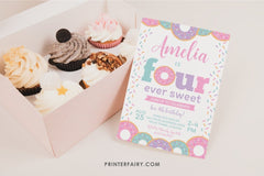 Donut 4th Birthday Invitation Template, Editable Party Invite (Instant Download)