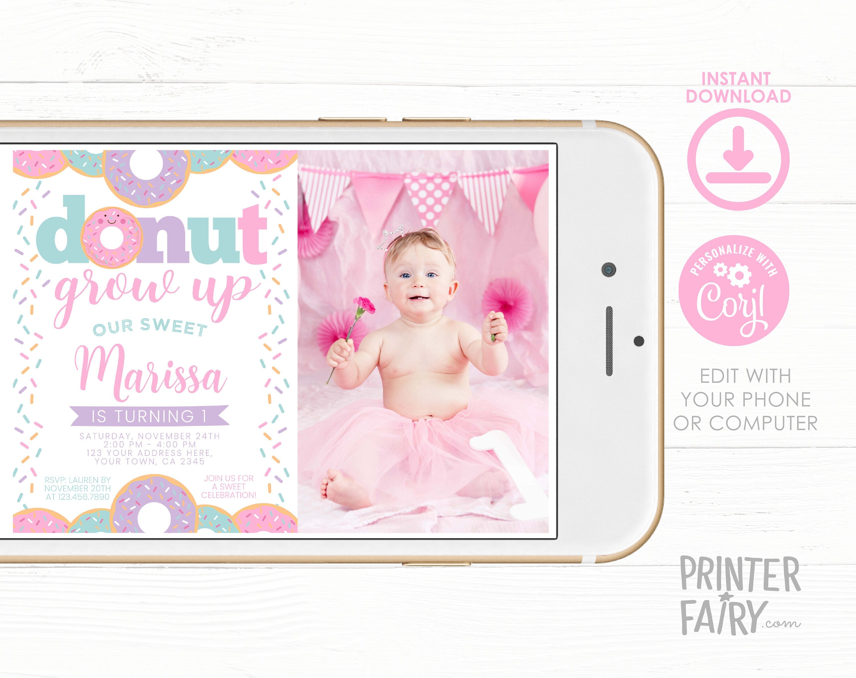 Donut Grow Up Birthday Invitation Template, Sprinkles, Photo (Digital Download)