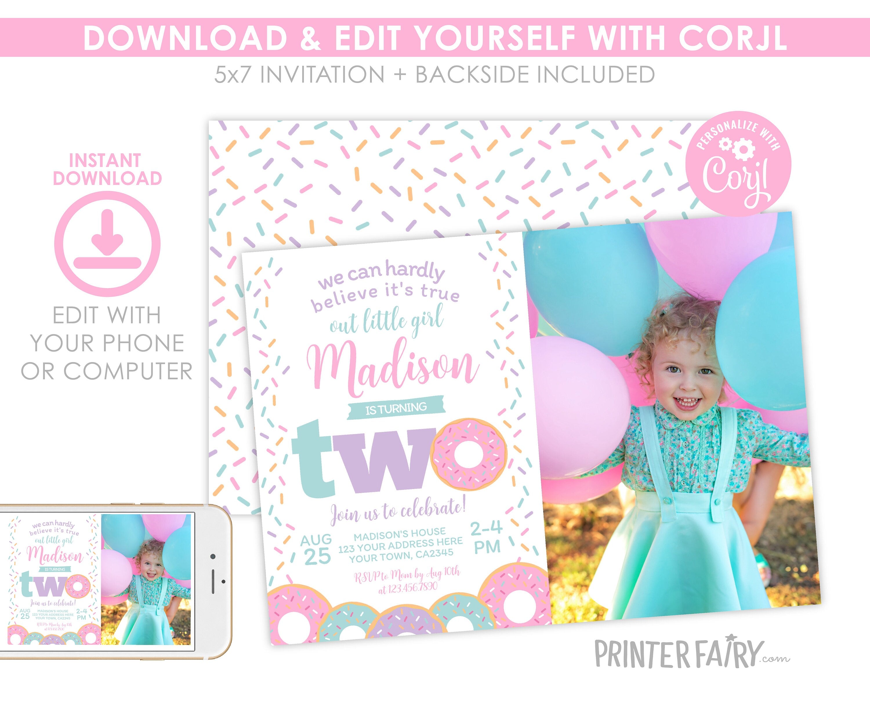 Donut 2nd Birthday Invitation with Photo, Sprinkles Party (EDITABLE)