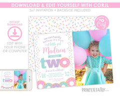 Donut 2nd Birthday Invitation with Photo, Sprinkles Party (EDITABLE)
