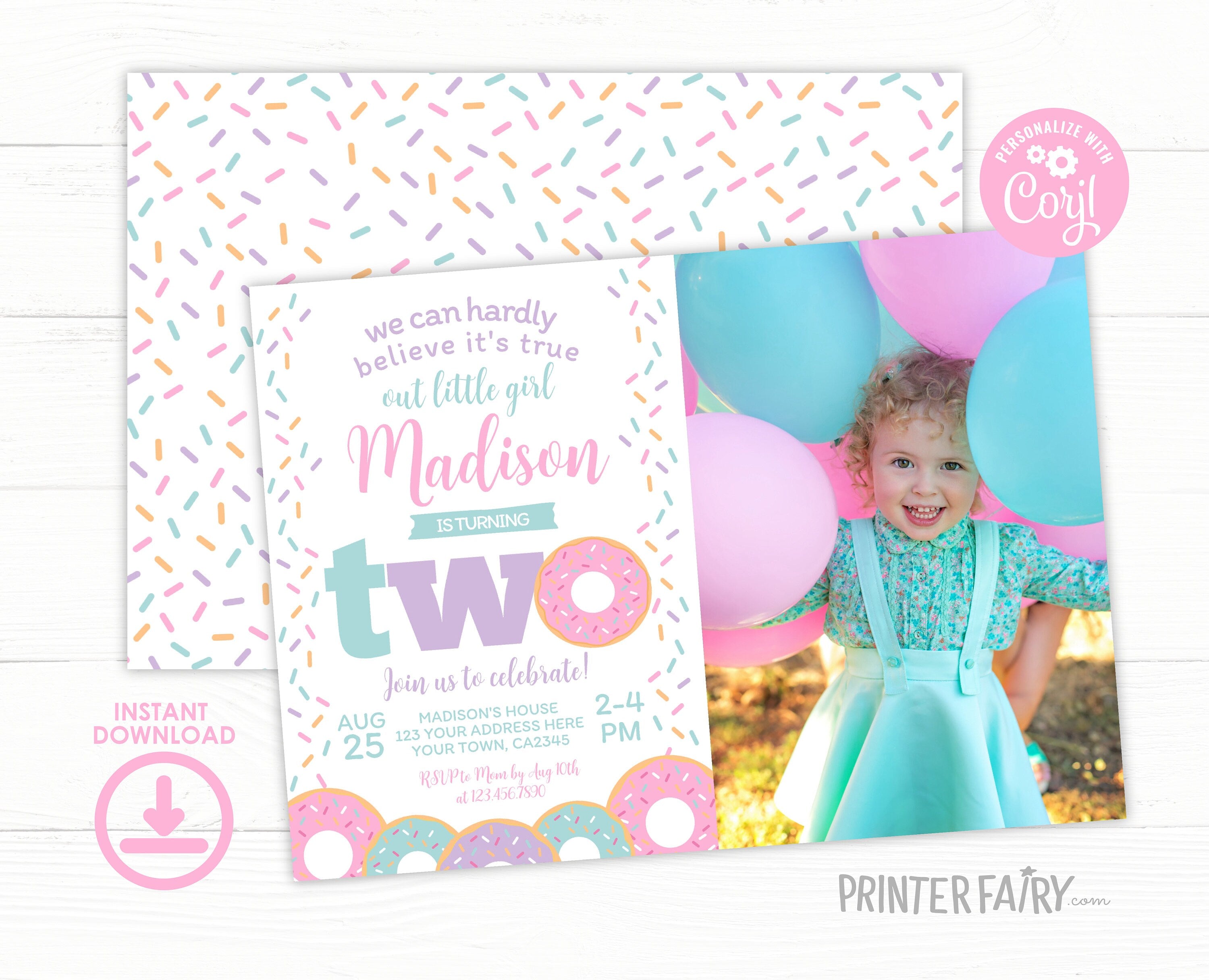 Donut 2nd Birthday Invitation with Photo, Sprinkles Party (EDITABLE)