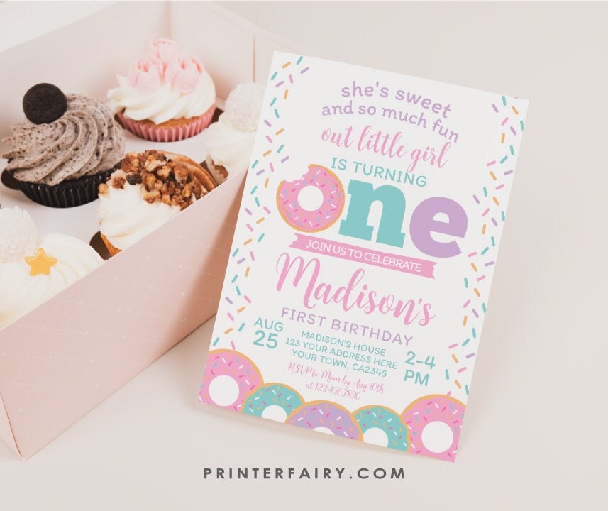 Donut First Birthday Invitation, Sweet One Party Template (Digital Download)