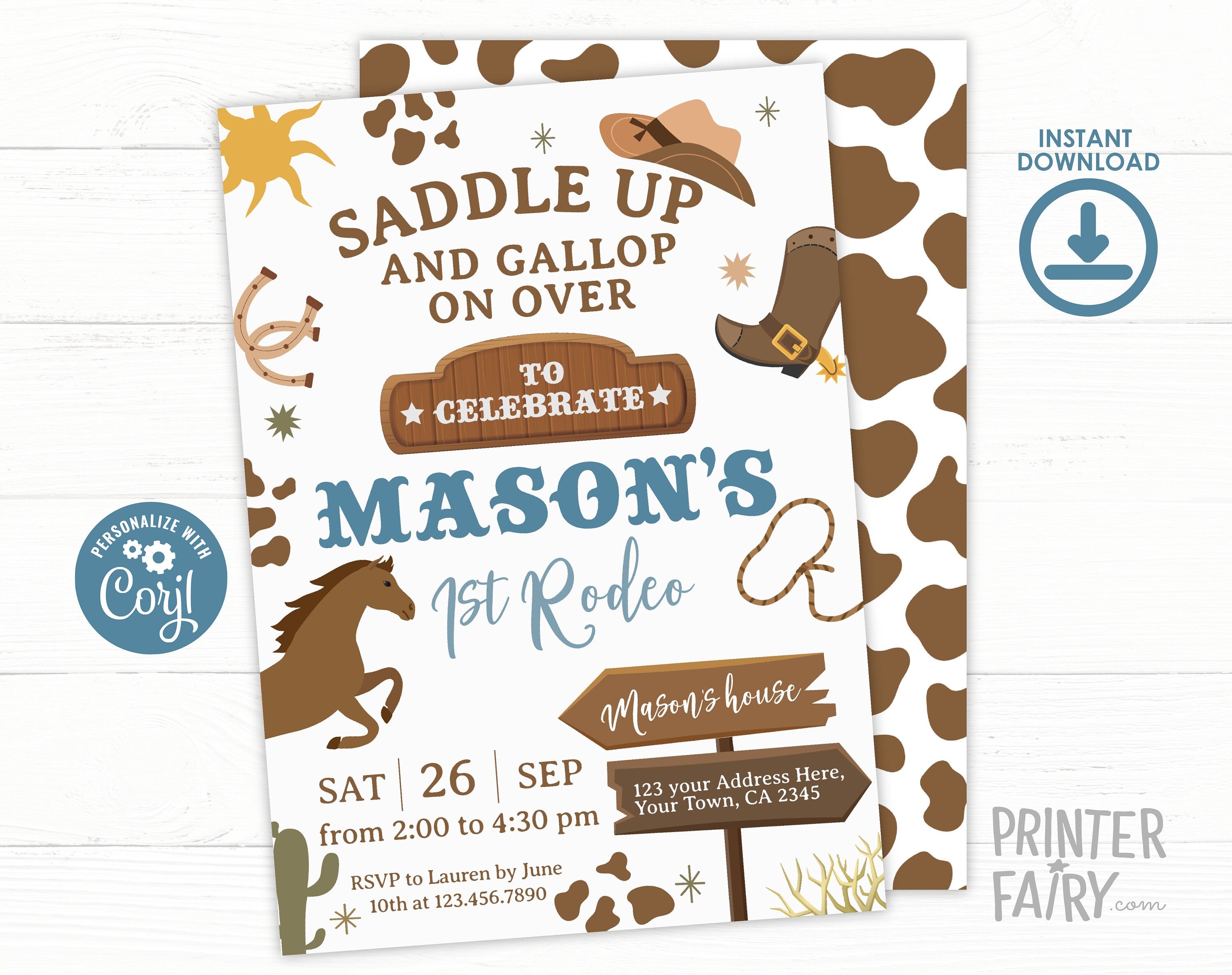 Rodeo First Birthday Invitation, Editable Cowboy Party Invite (Digital)
