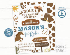Rodeo First Birthday Invitation, Editable Cowboy Party Invite (Digital)