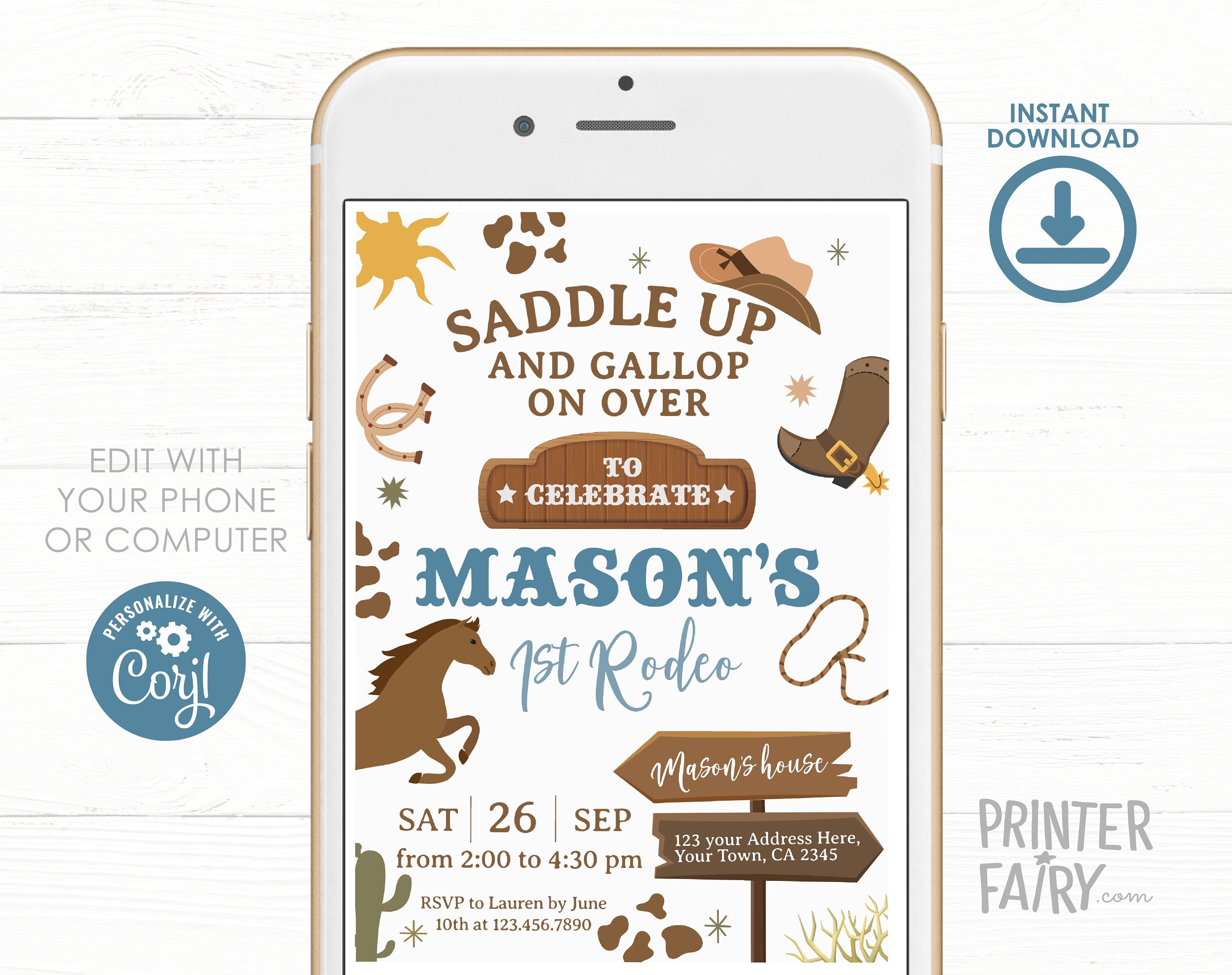 Rodeo First Birthday Invitation, Editable Cowboy Party Invite (Digital)