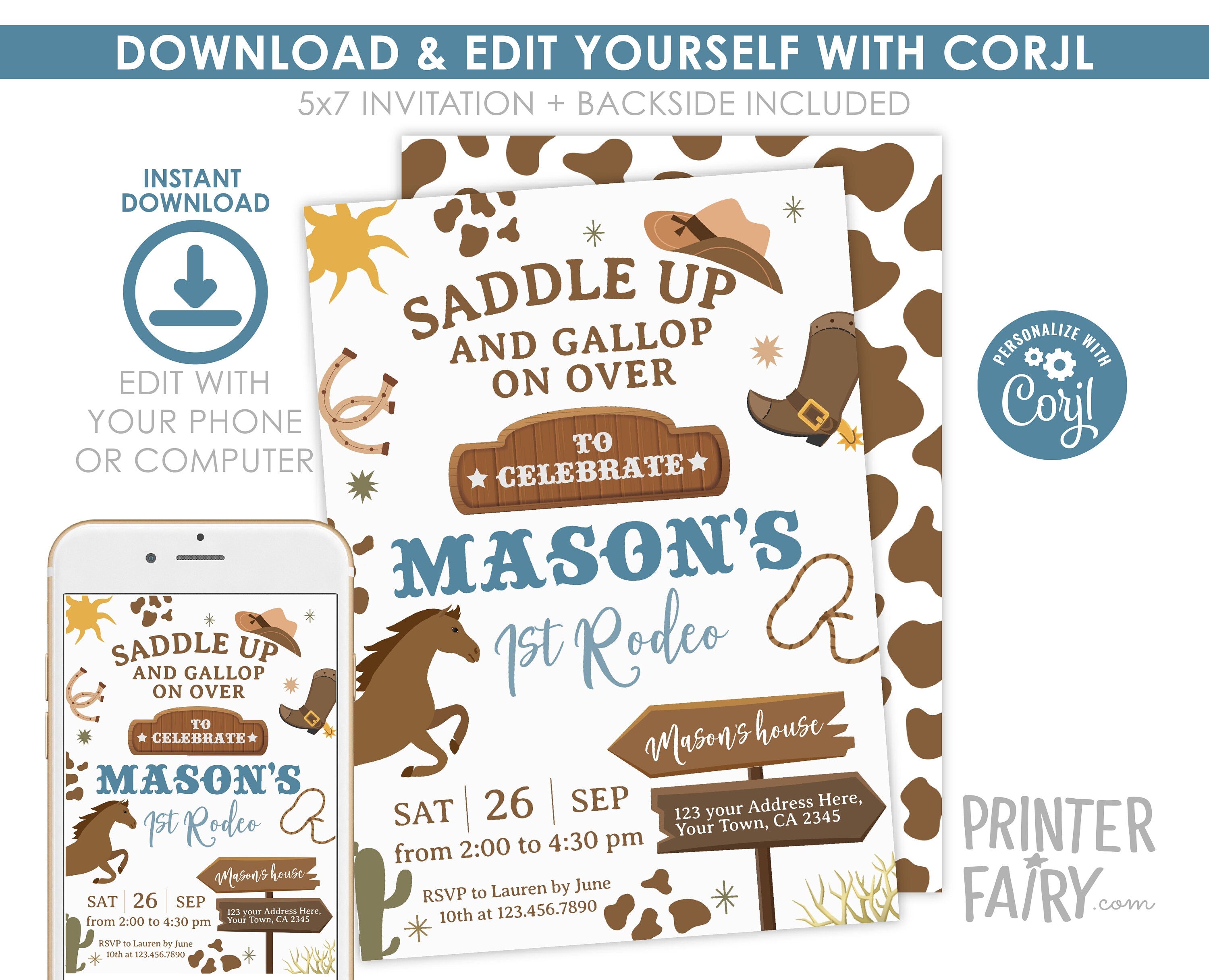 Rodeo First Birthday Invitation, Editable Cowboy Party Invite (Digital)
