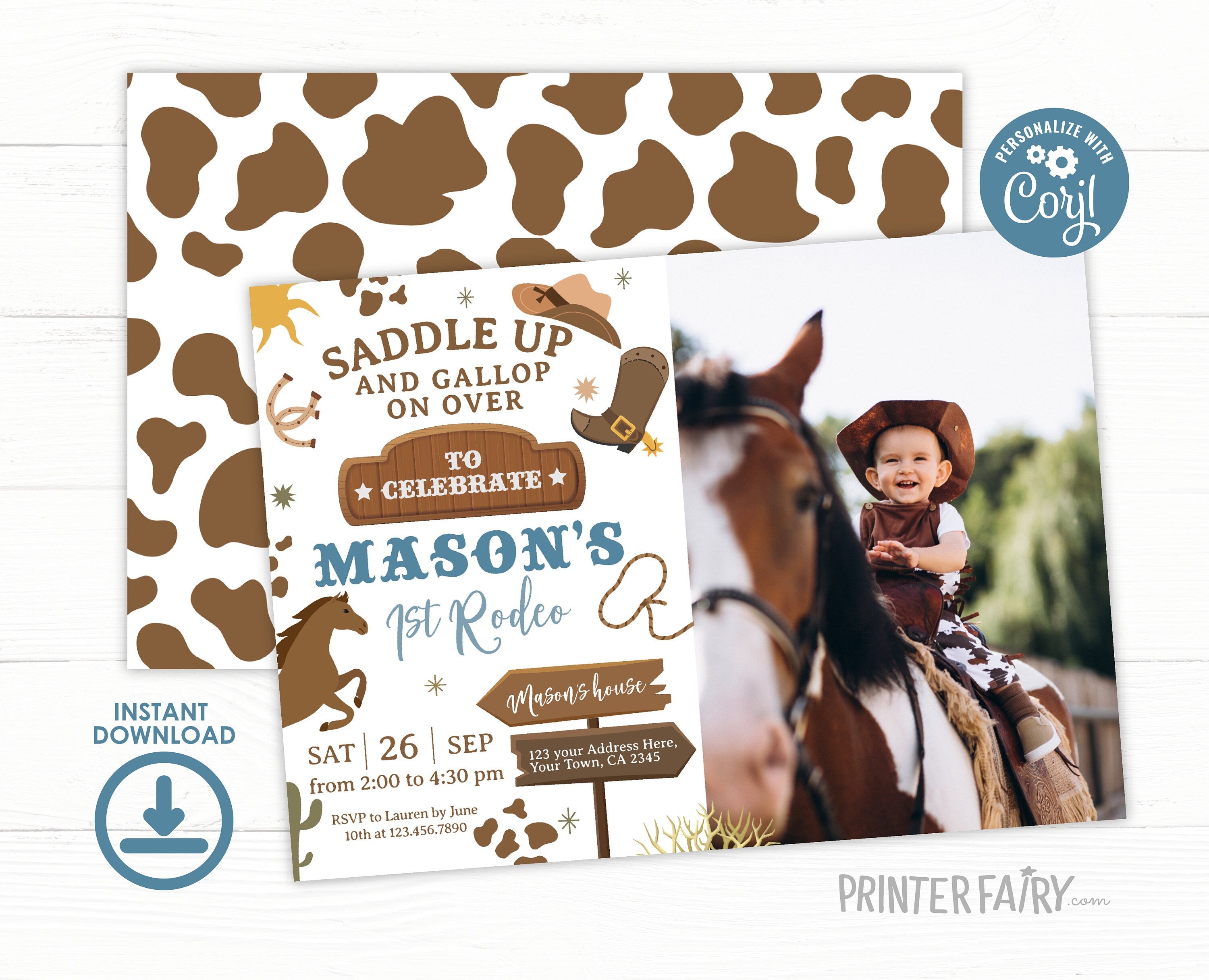 Rodeo First Birthday Photo Invitation, Wild West Cowboy (EDITABLE)