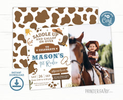 Rodeo First Birthday Photo Invitation, Wild West Cowboy (EDITABLE)