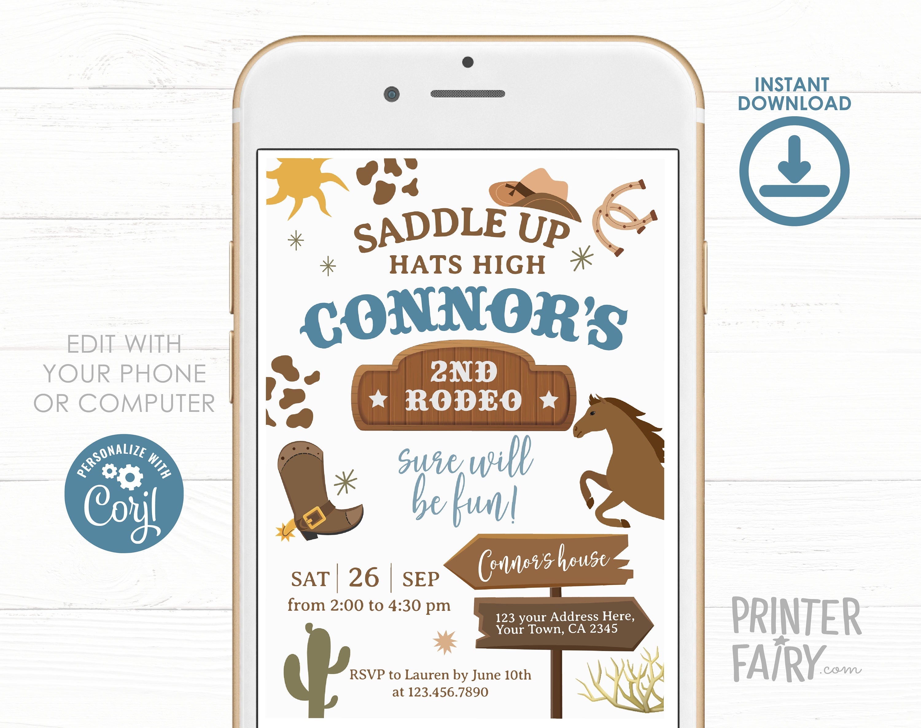 Cowboy 2nd Birthday Party Invitation Editable Template for any age, Instant Download