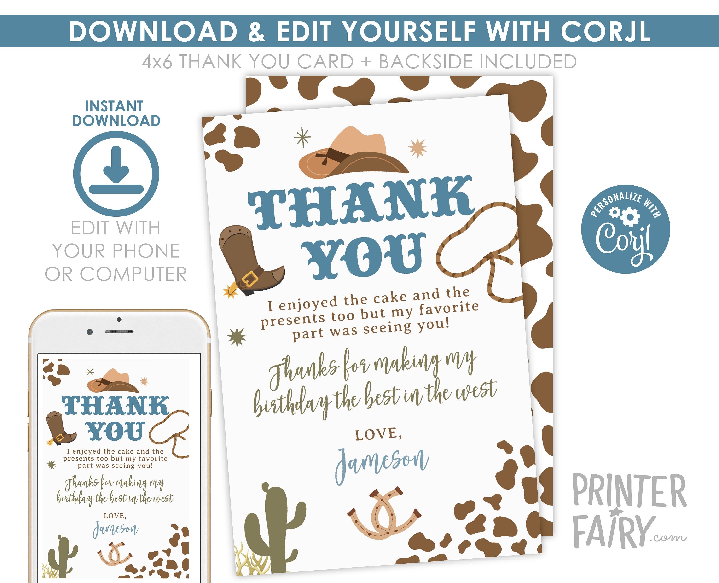 Rodeo Birthday Thank You Card, Wild West Template (Printable)