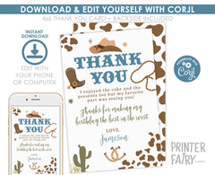 Rodeo Birthday Thank You Card, Wild West Template (Printable)